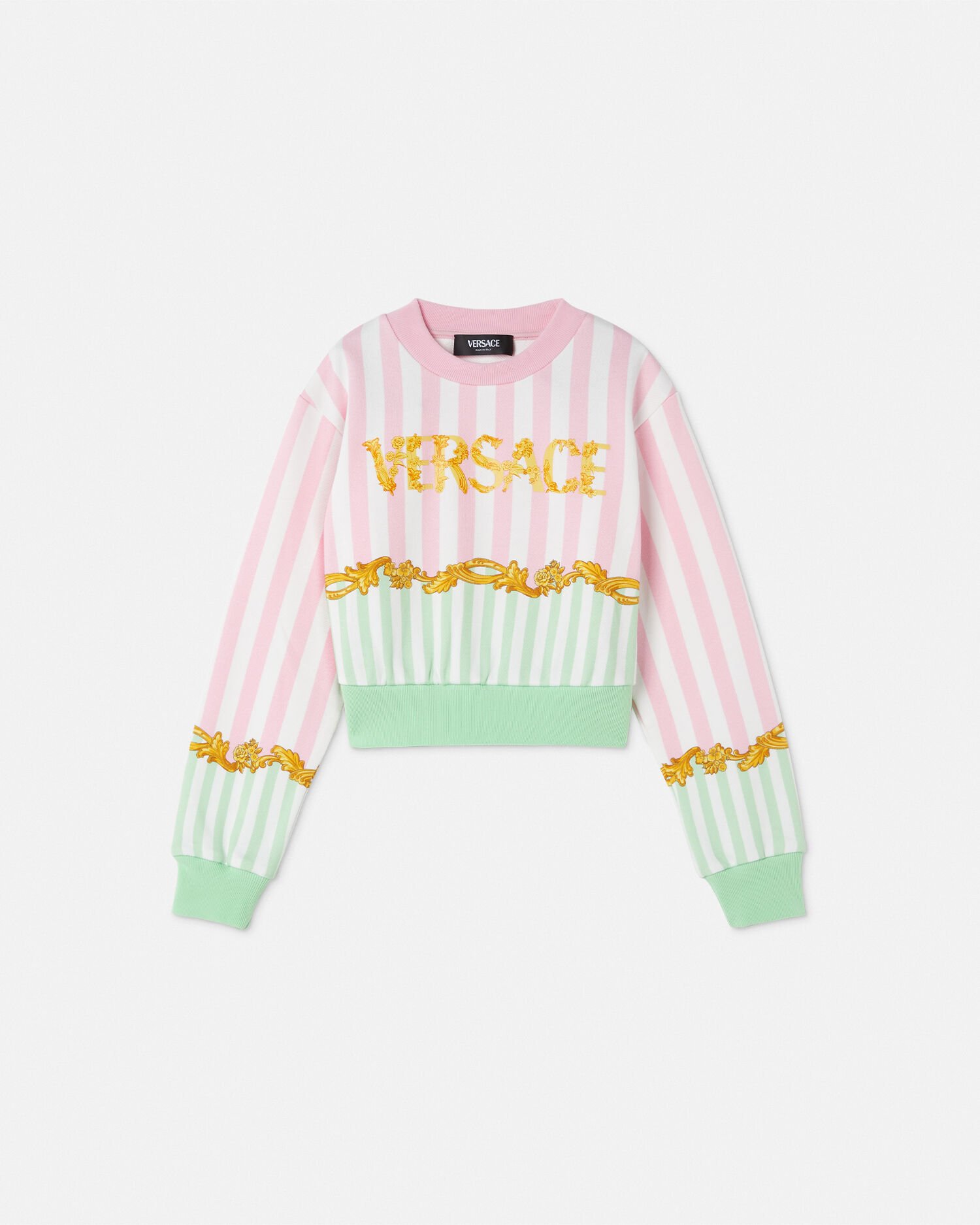 Versace VARSITY ロゴ スウェットシャツ ドロップショルダー Barocco Pinstripe Kids Sweatshirt Multicolor | VERSACE US