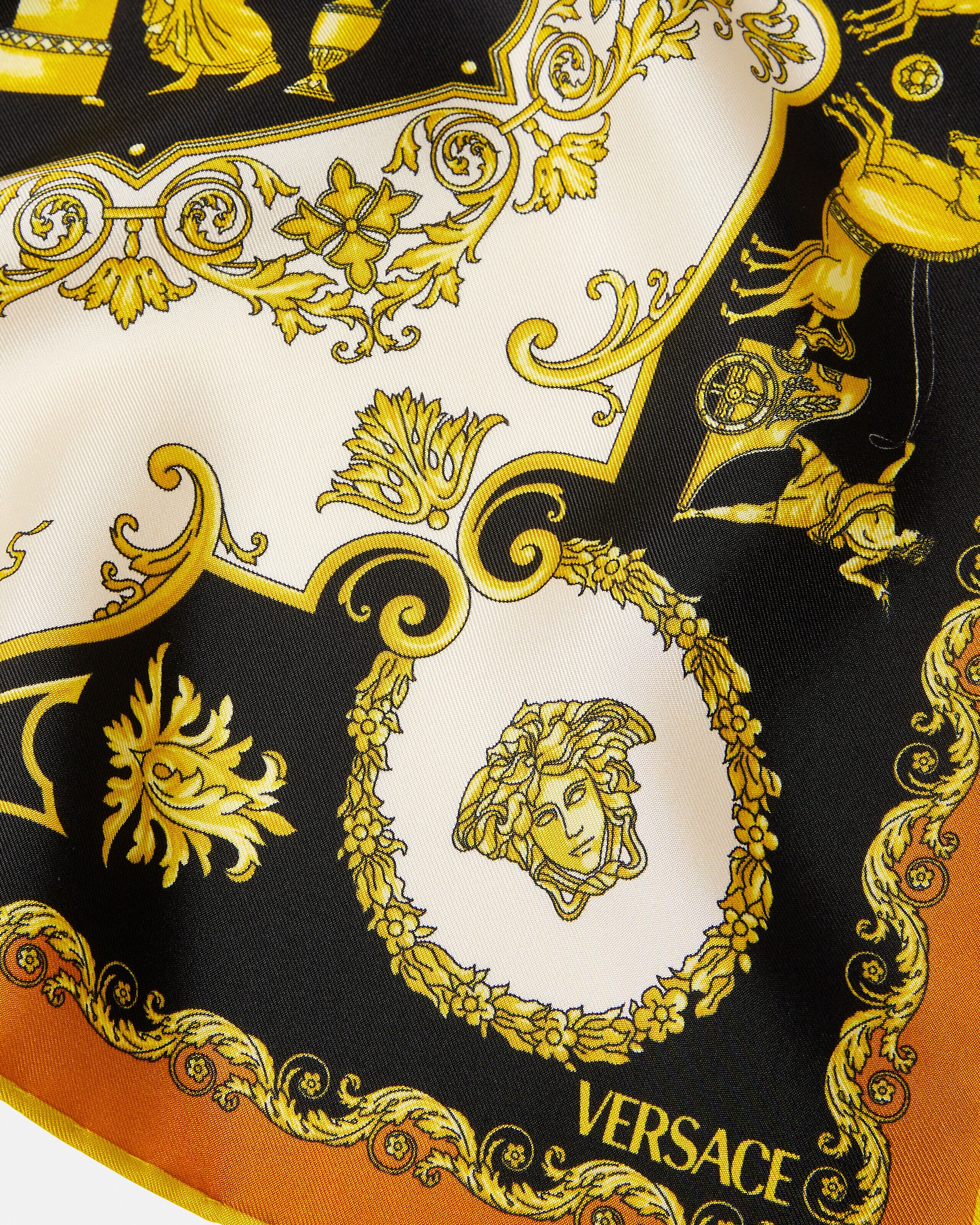 おしゃれ VERSACE フリンジショール シルク ブラック×ゴールド 男女