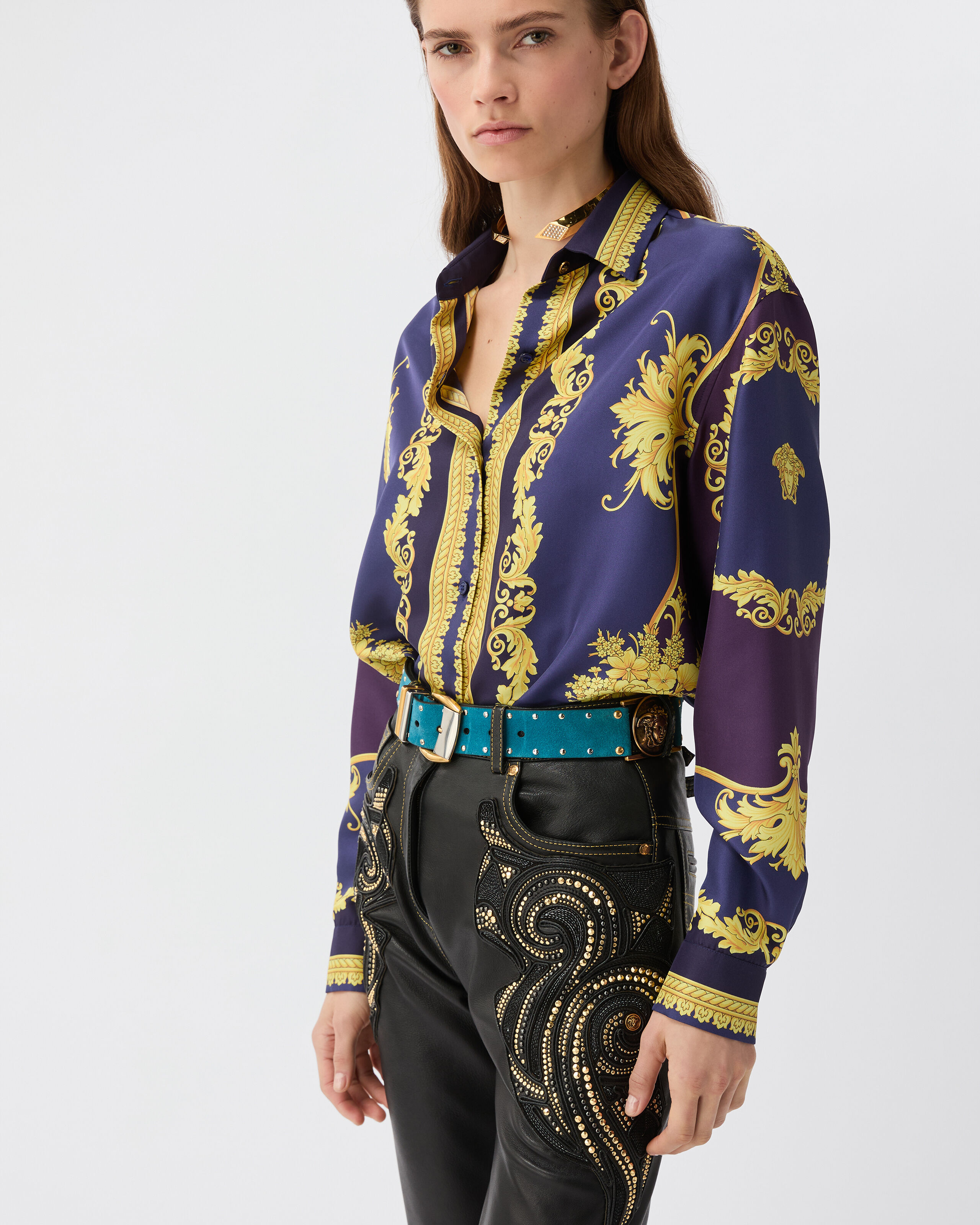 Printed Silk Twill Shirt Purple,Gold | VERSACE