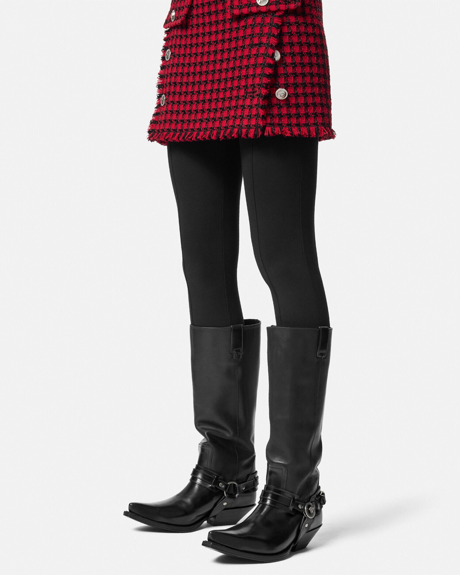 Red plaid knee high boots shop