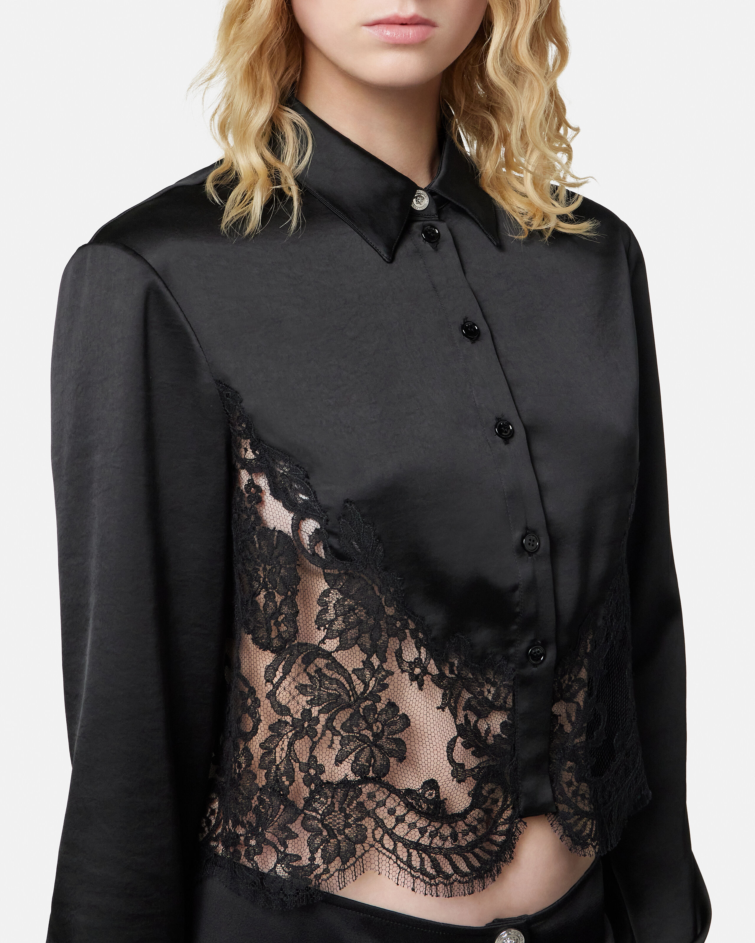 Lace-Trim Satin Crop Shirt Black | VERSACE US