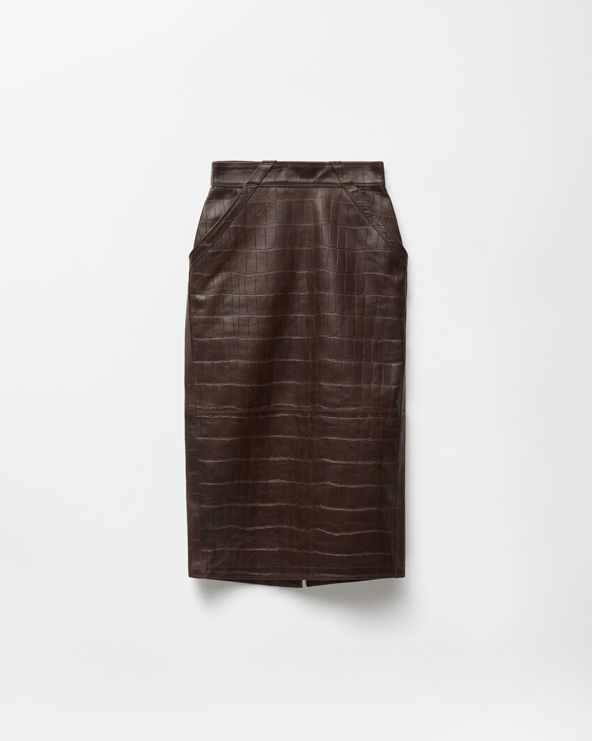  Croc-Effect Nappa Midi Skirt Brown 1