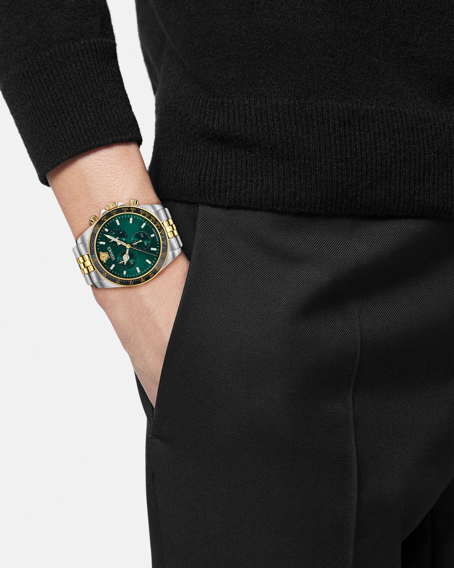 Greca Chrono Wave Watch Silver,Green | VERSACE US