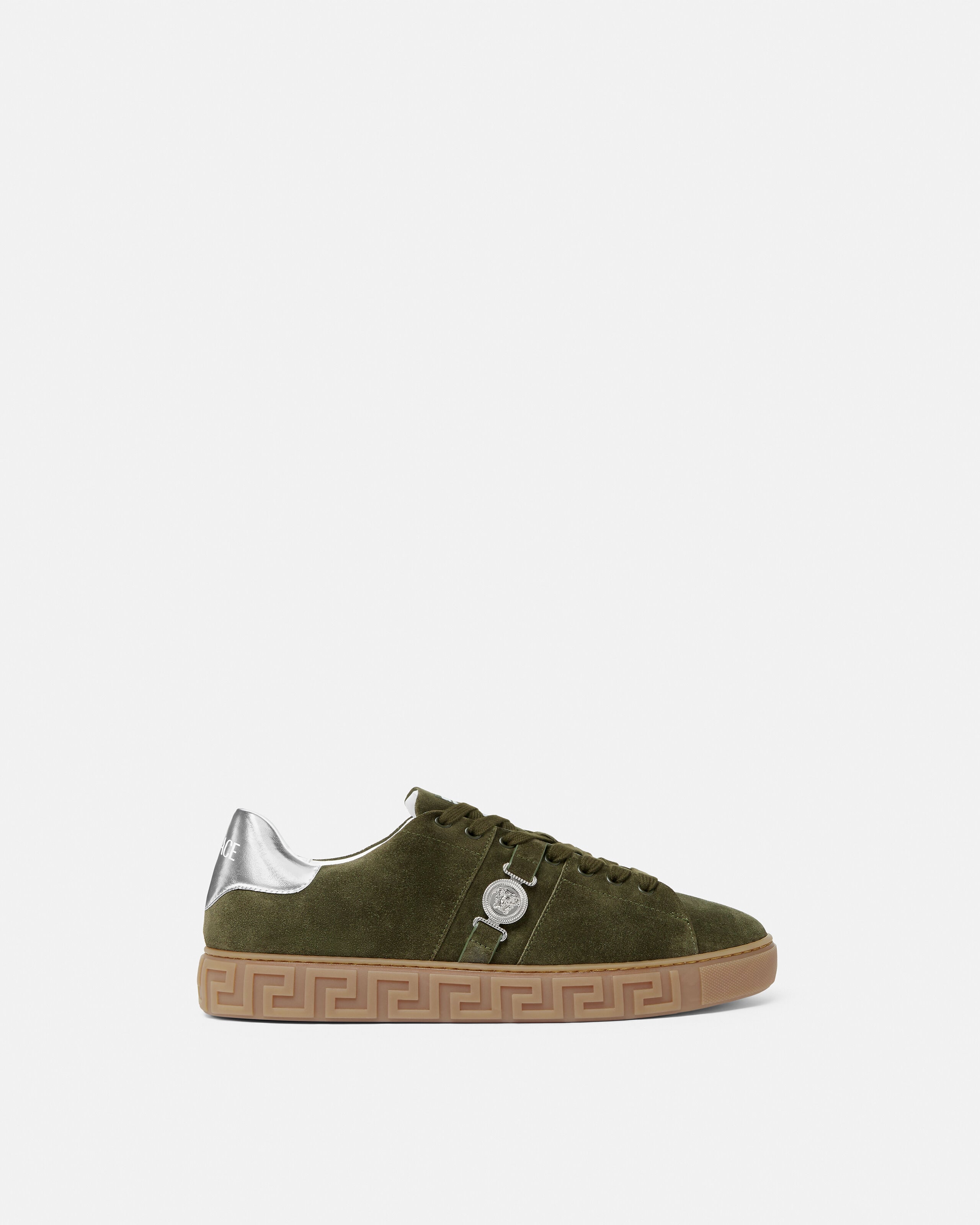 Greca Embellished Suede Sneakers Green,Silver | VERSACE US