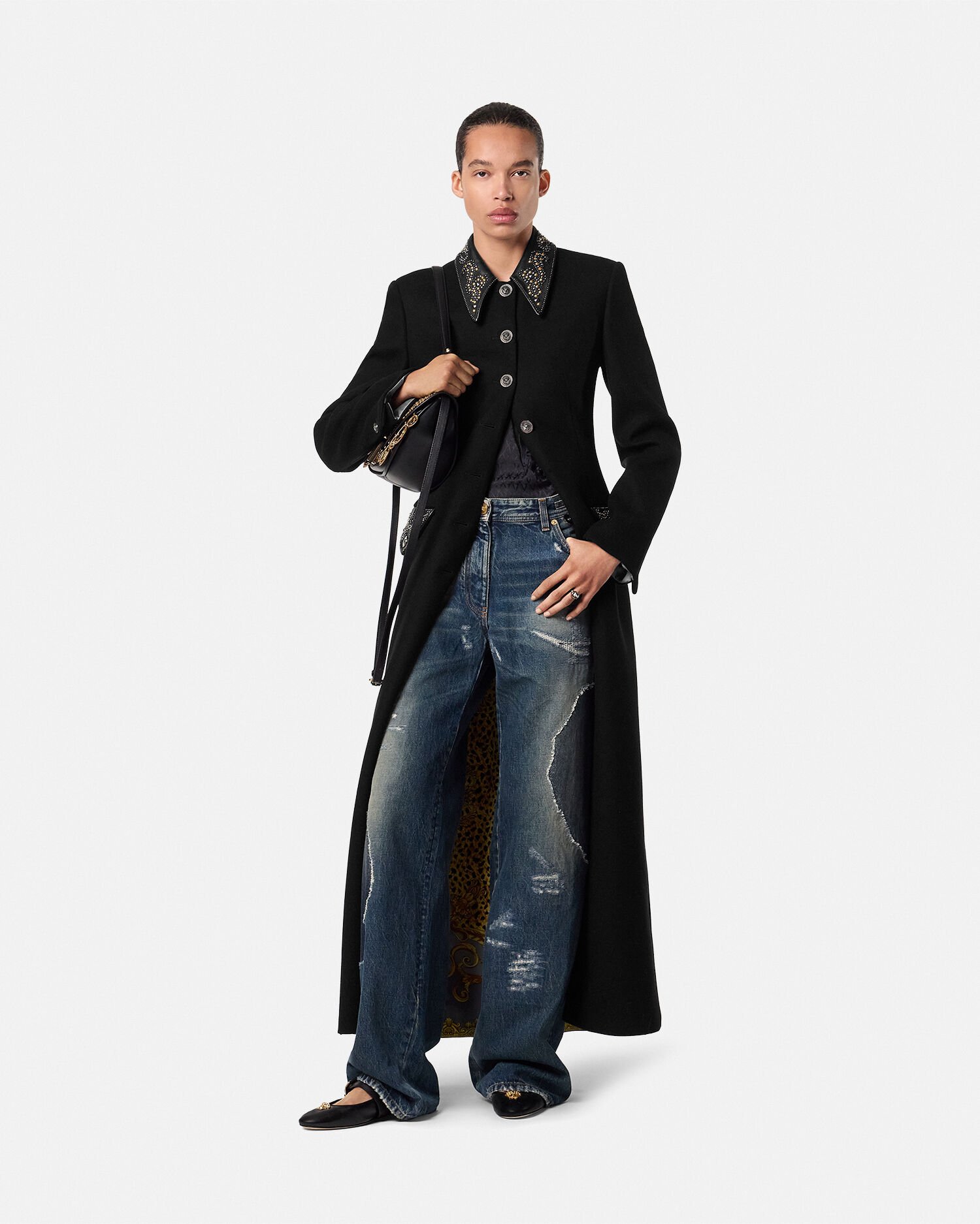 Studded Felted Wool Fitted Column Coat | VERSACE US