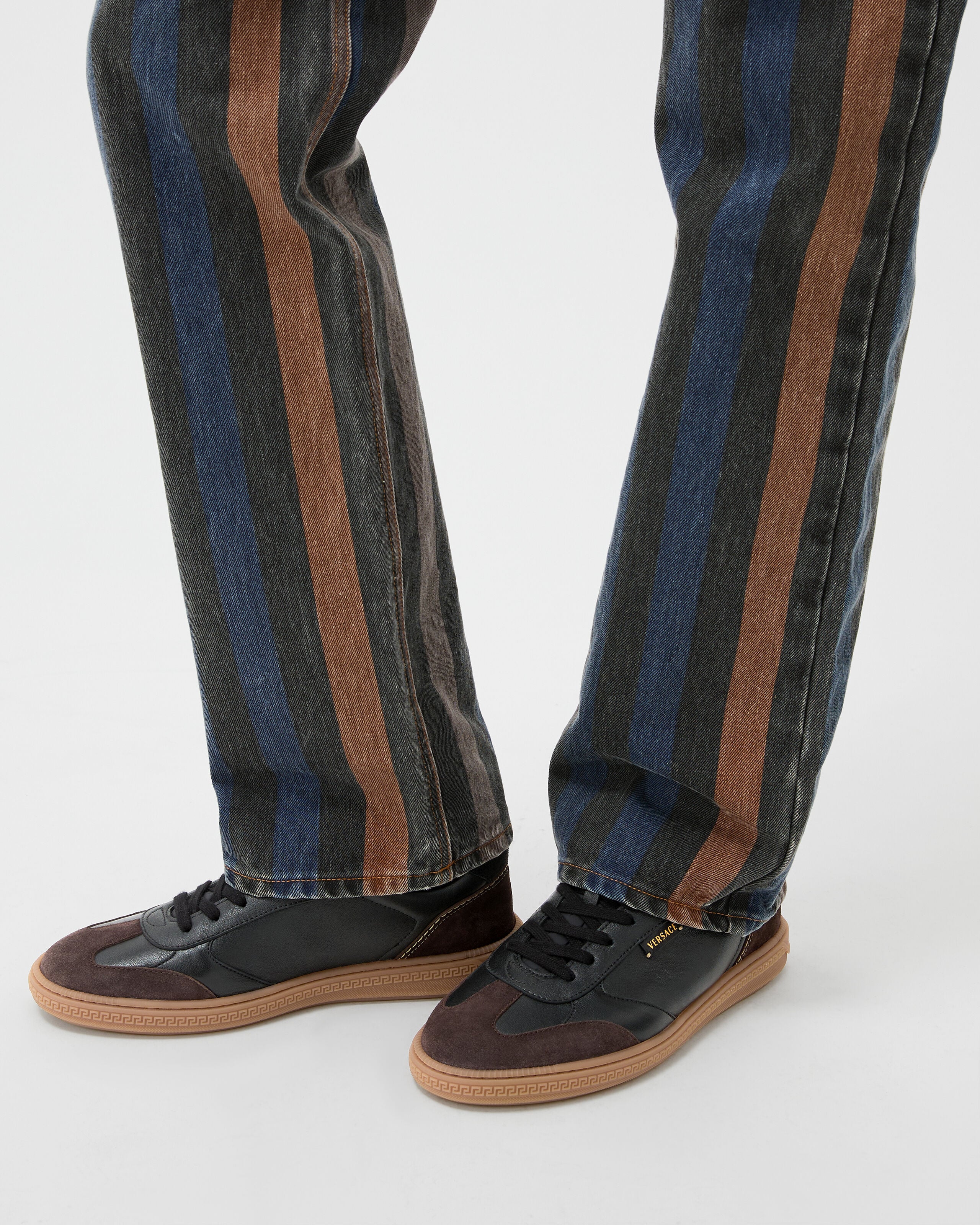 Greca Court Nappa & Suede Sneakers Black,Brown | VERSACE US