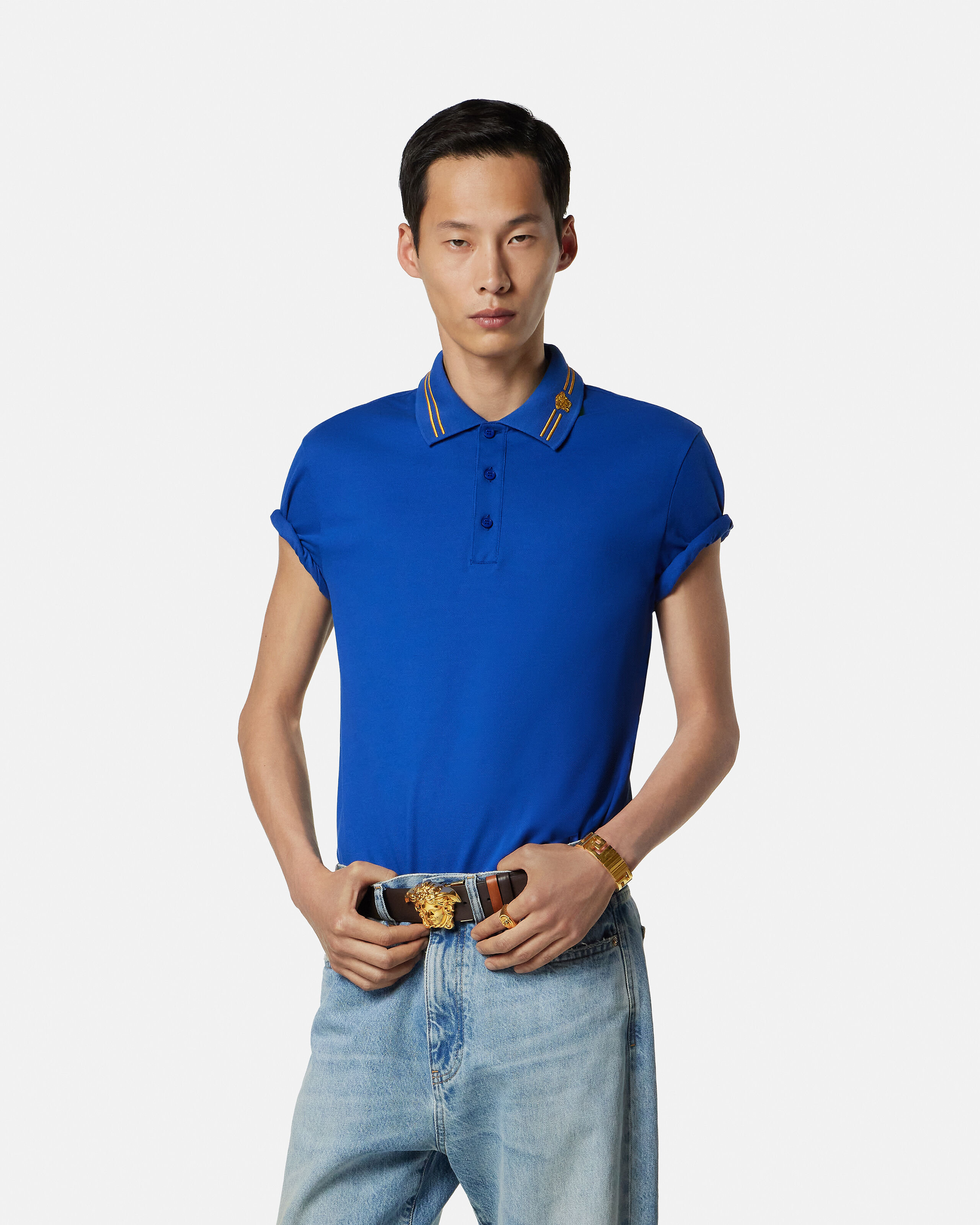 Embroidered Cotton Piqué Polo Blue | VERSACE US