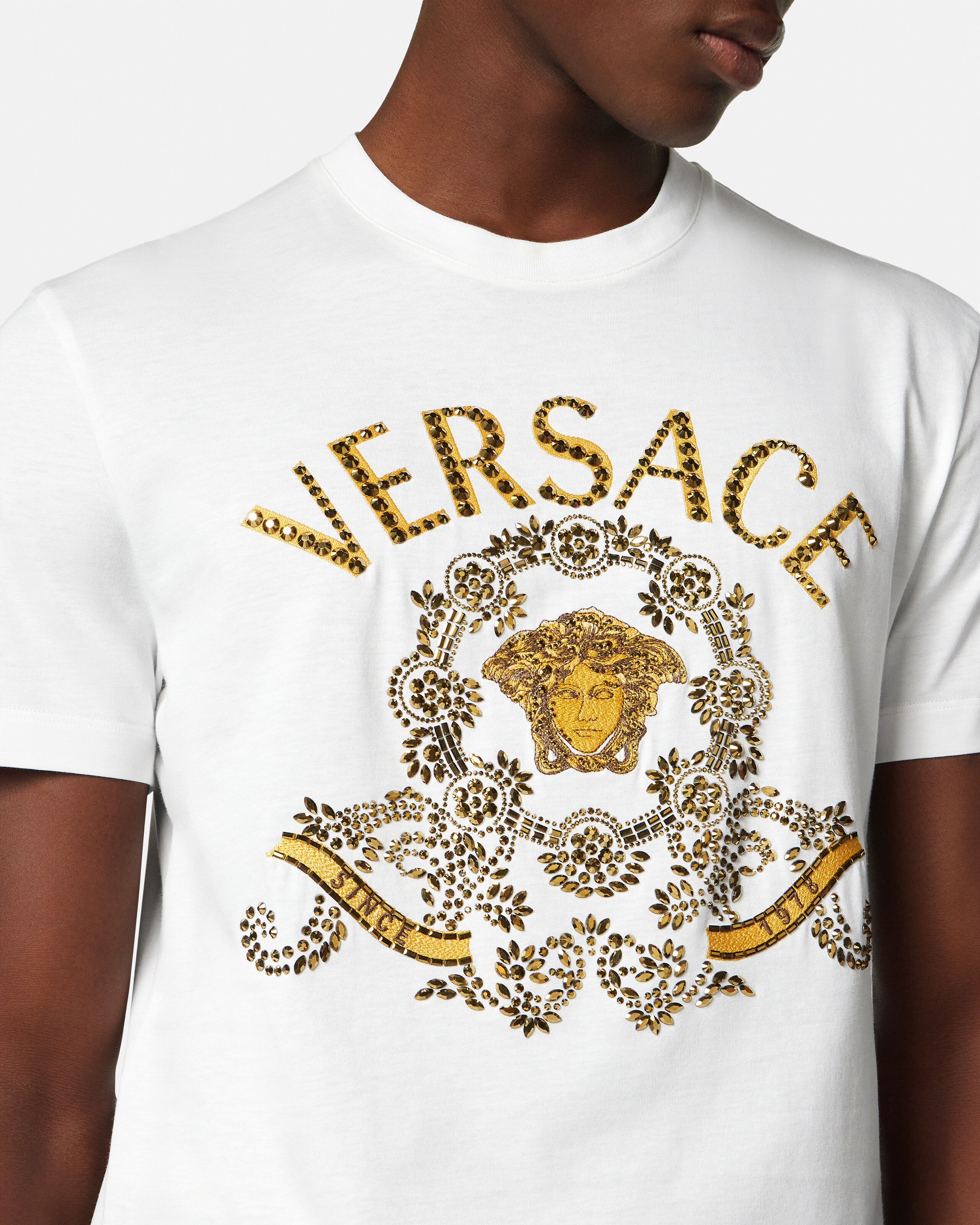 Embroidered Cotton-Jersey Slim T-Shirt White | VERSACE