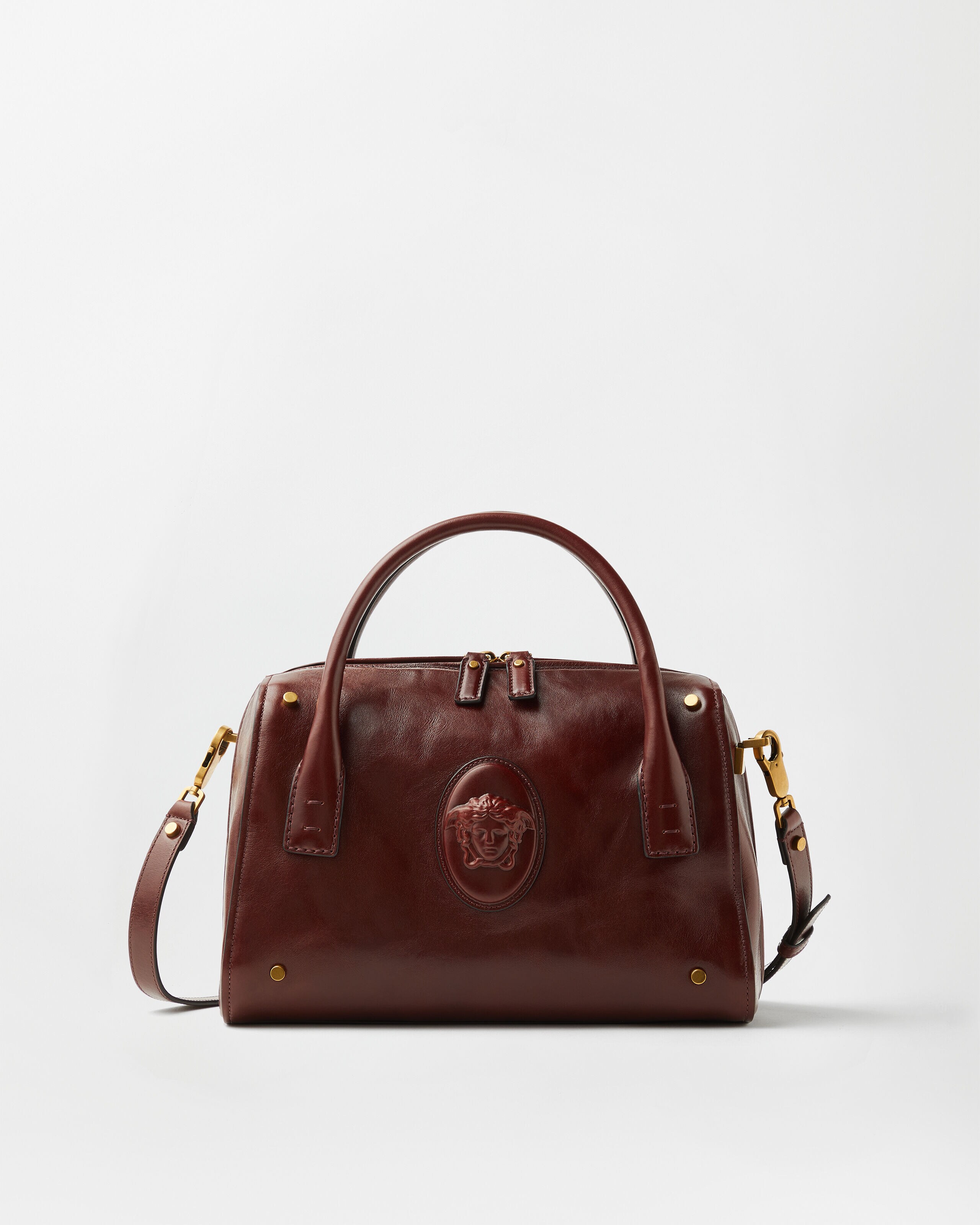 Roomy Leather Boston Bag Brown | VERSACE US