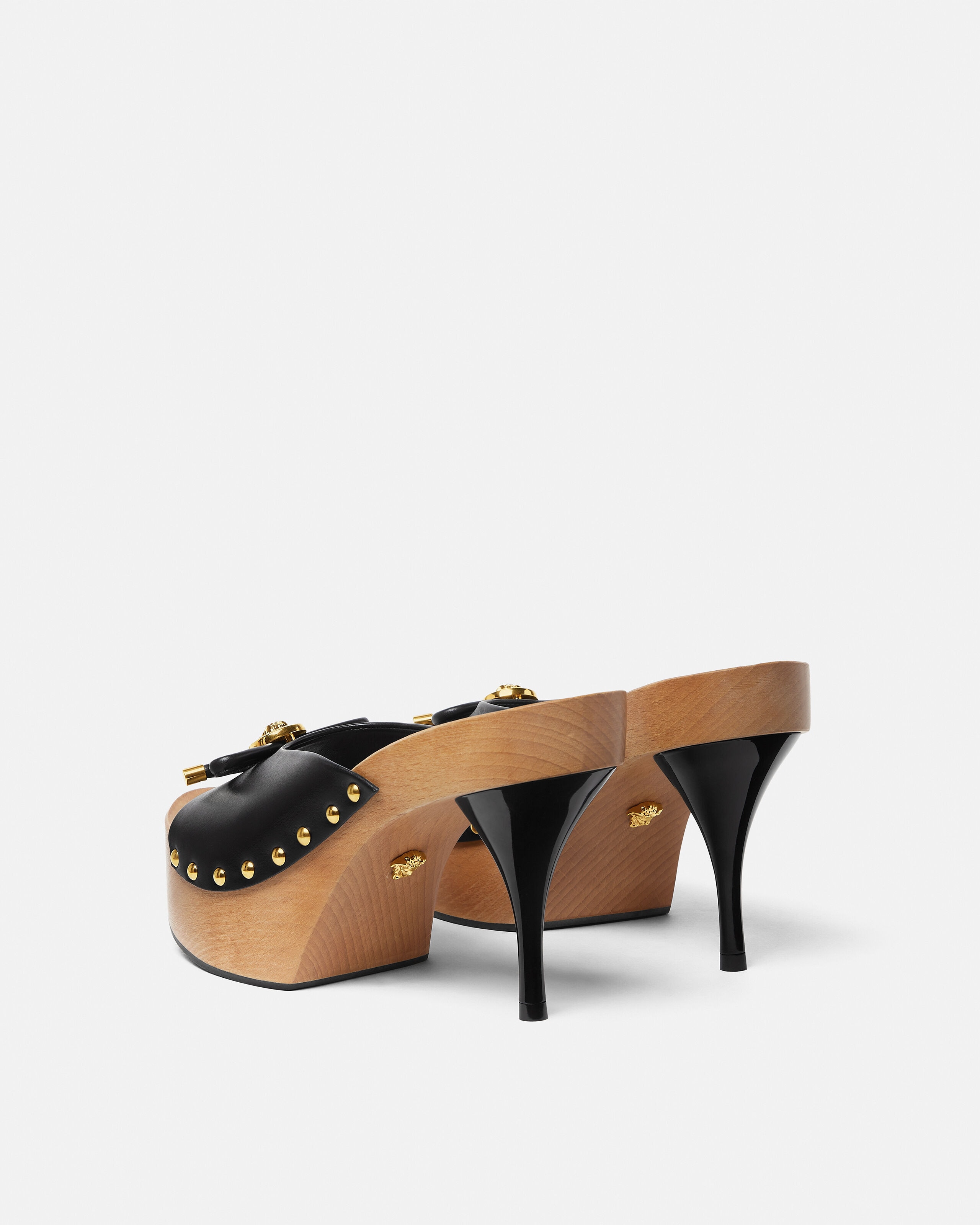 Opera Bow Leather Clogs 110 mm Black,Gold | VERSACE US