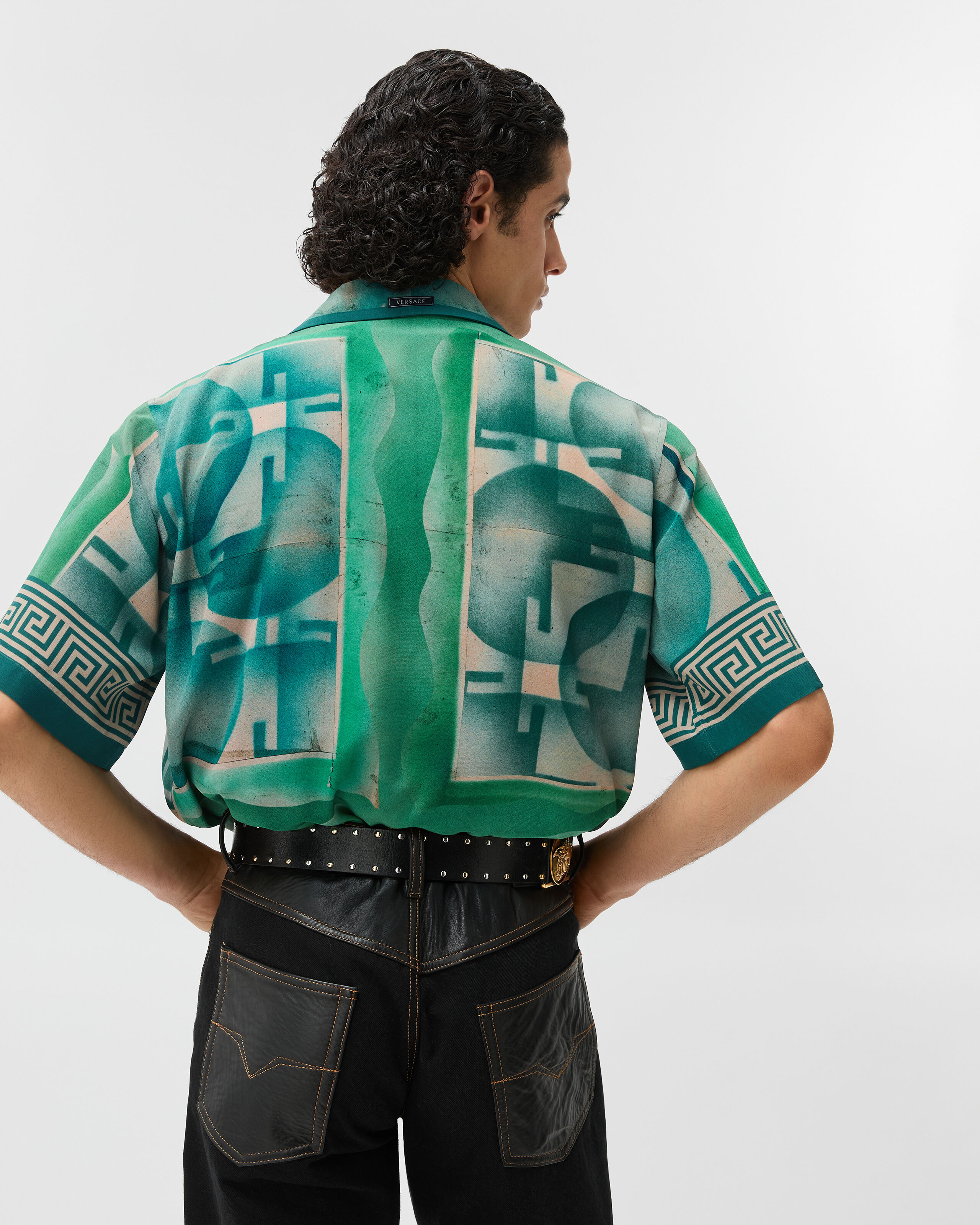 Printed Crêpe De Chine Silk Shirt Green,Blue | VERSACE US