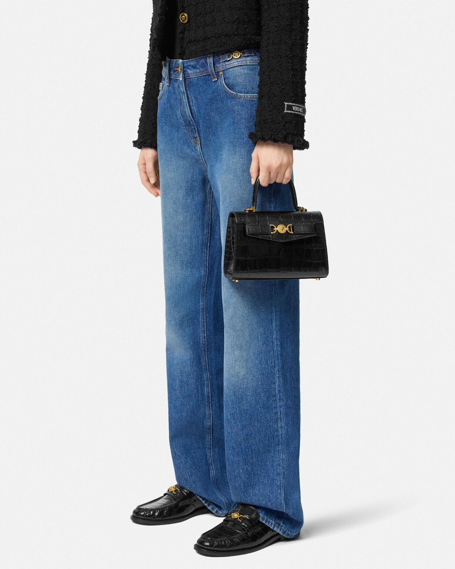 Medusa '95 Small Croc-Effect Top-Handle Black,Gold | VERSACE US