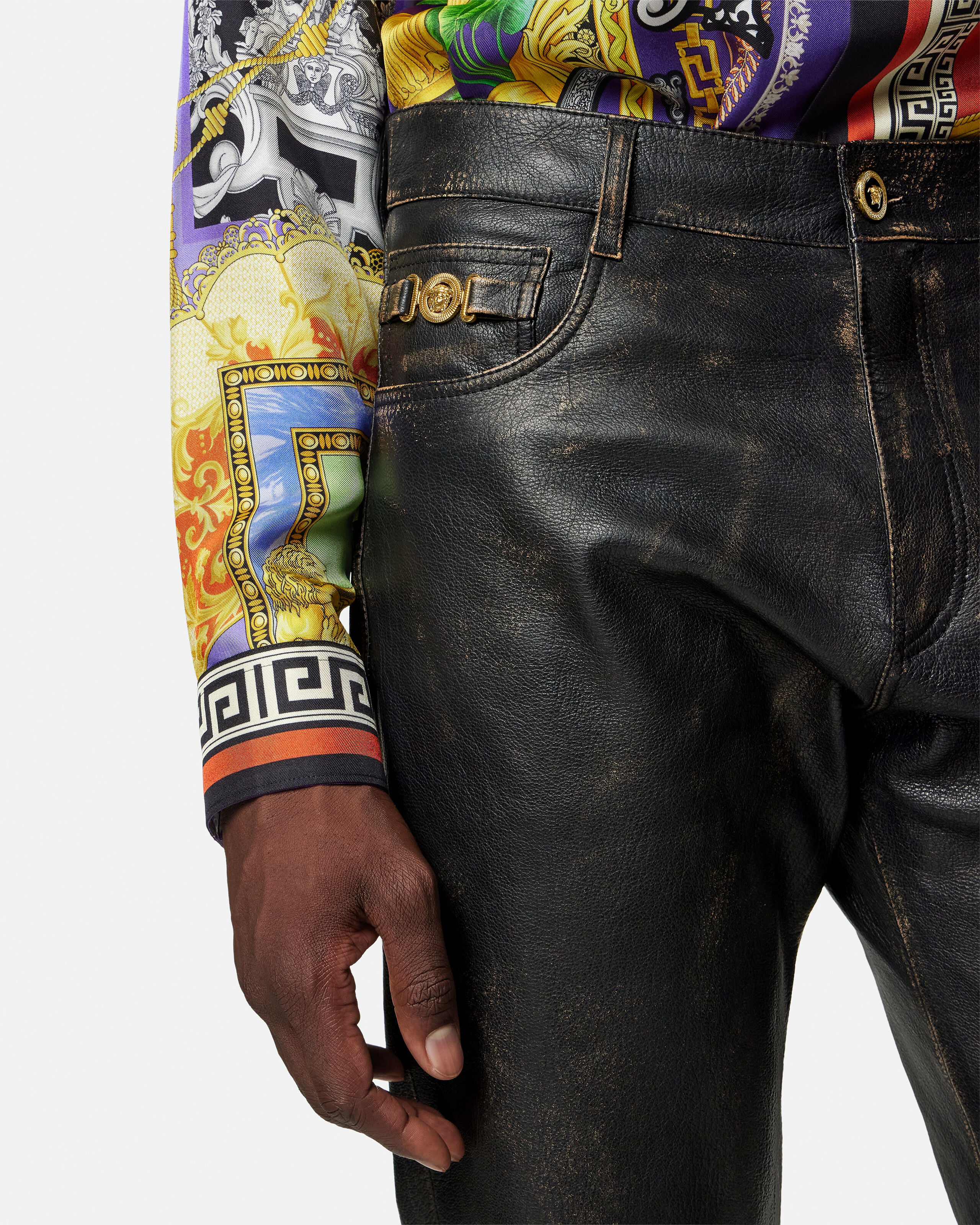 Distressed Leather Pants Black | VERSACE US