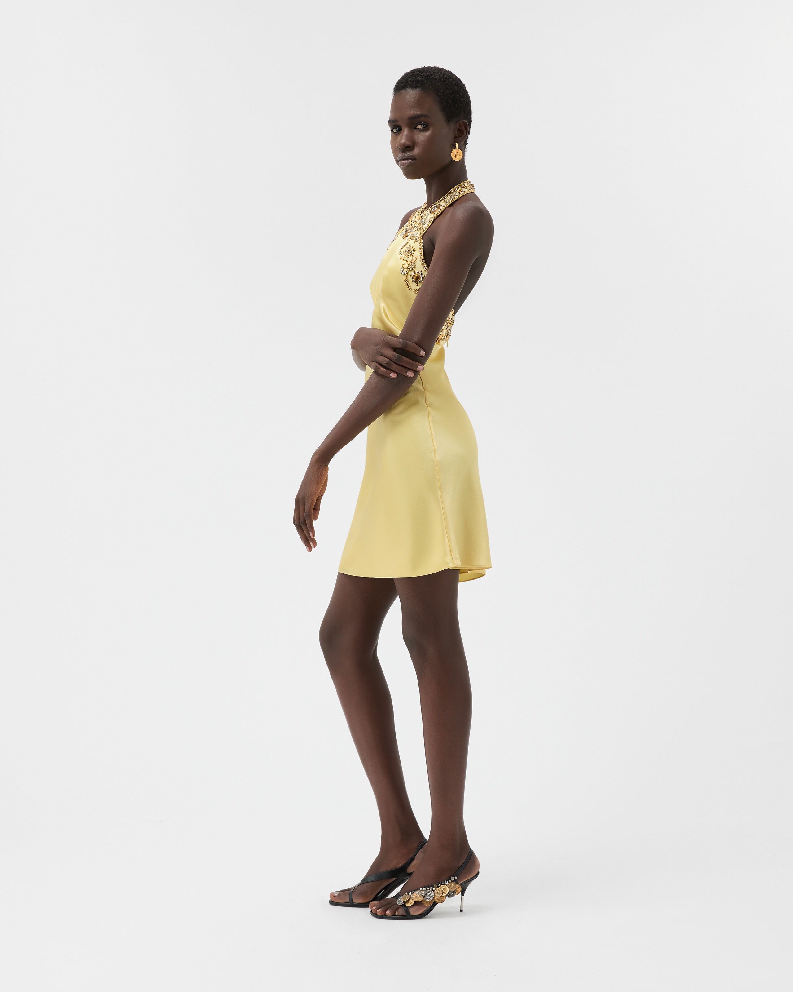 Embroidered Silk Cady Satin Mini Dress Yellow | VERSACE US