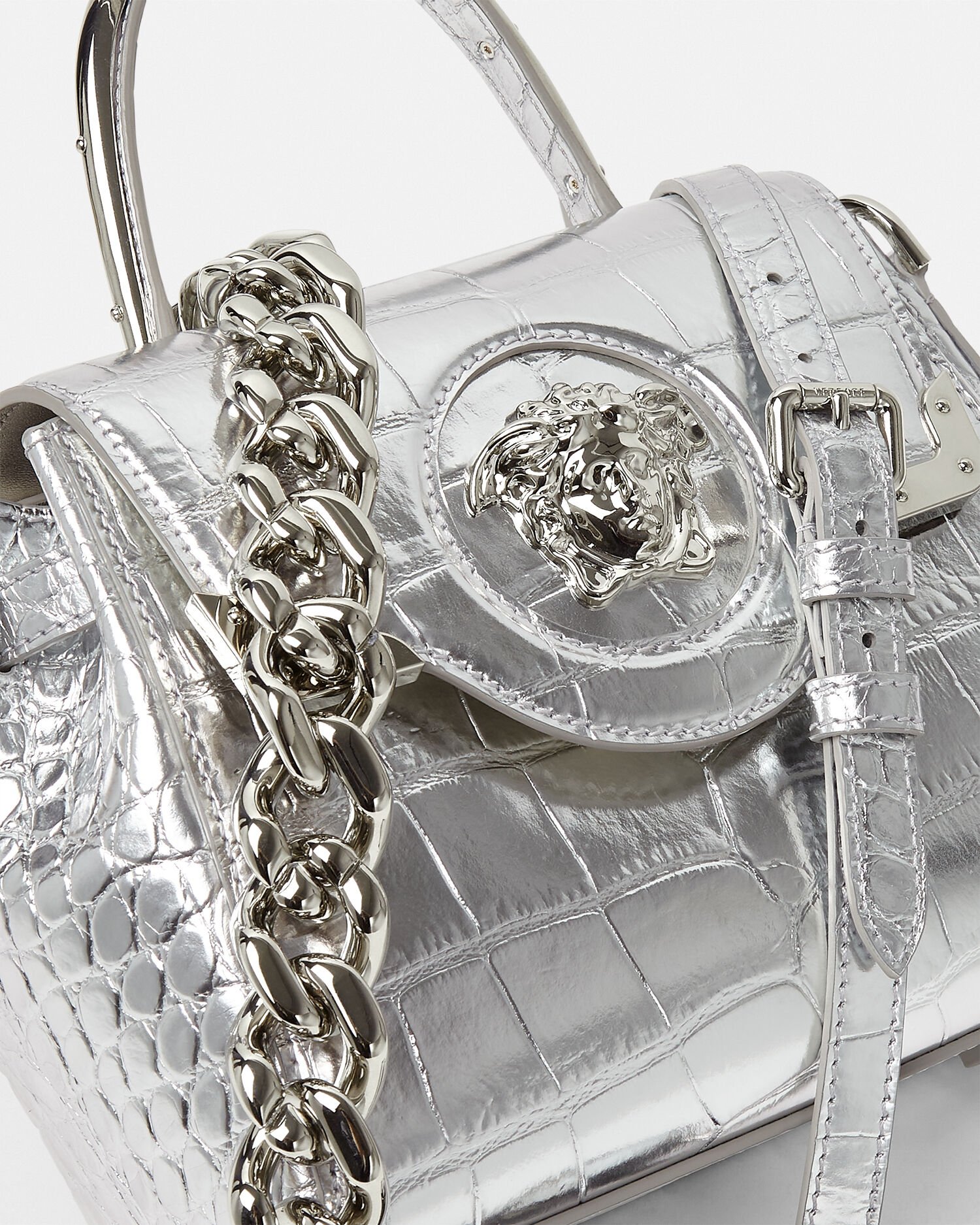 Croc Effect La Medusa Small Handbag Silver VERSACE CA