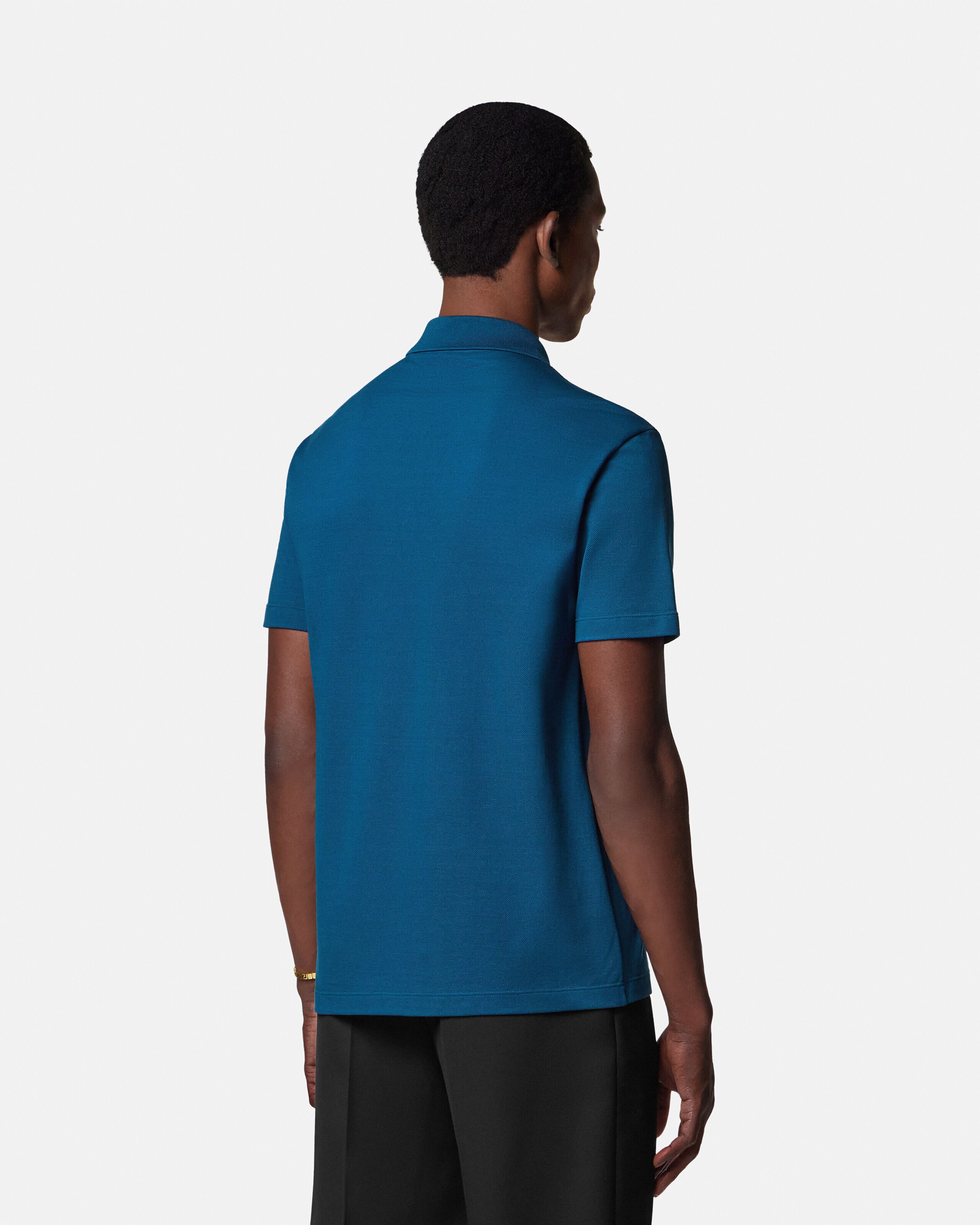Embroidered Cotton-Piqué Half-Zip Polo Blue | VERSACE US