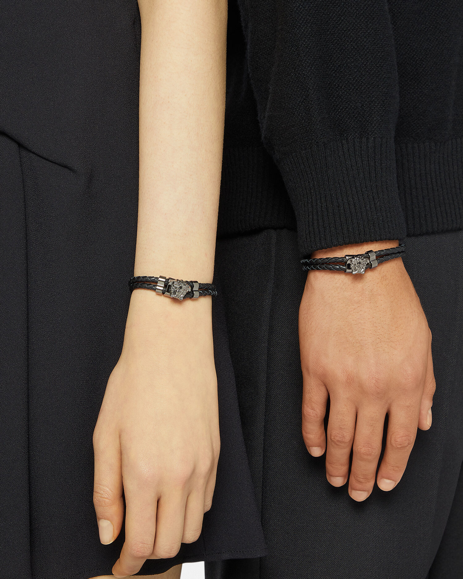 Medusa Braided Leather Bracelet Black Versace US
