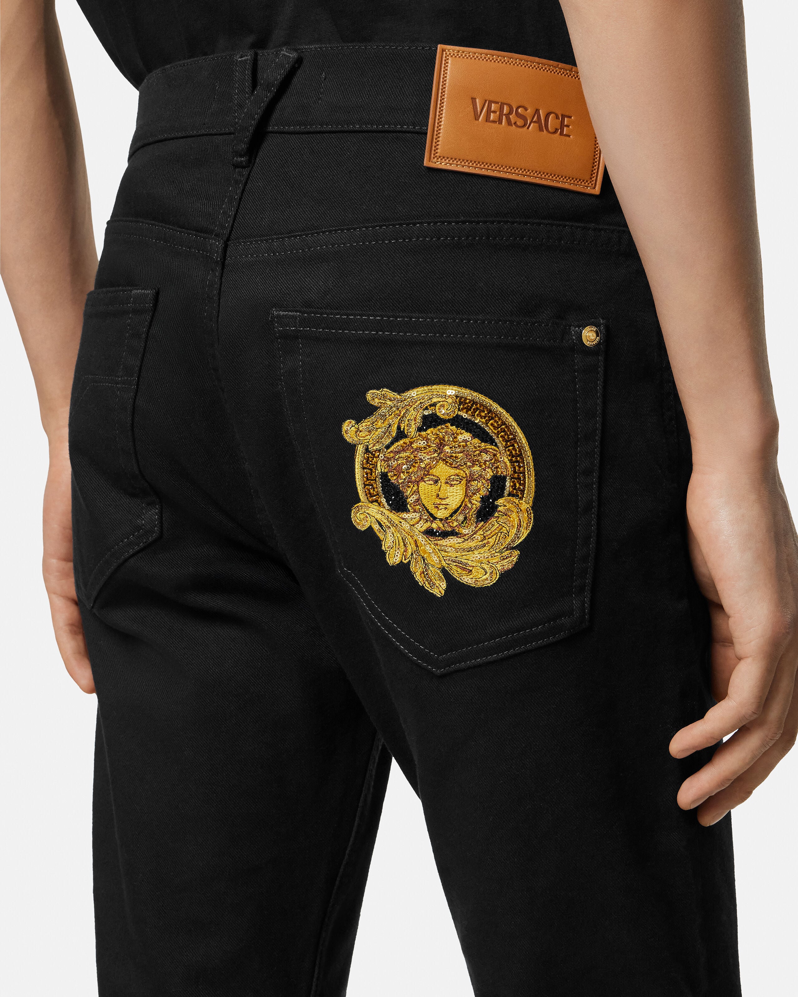 Embroidered Slim Jeans Black | VERSACE US