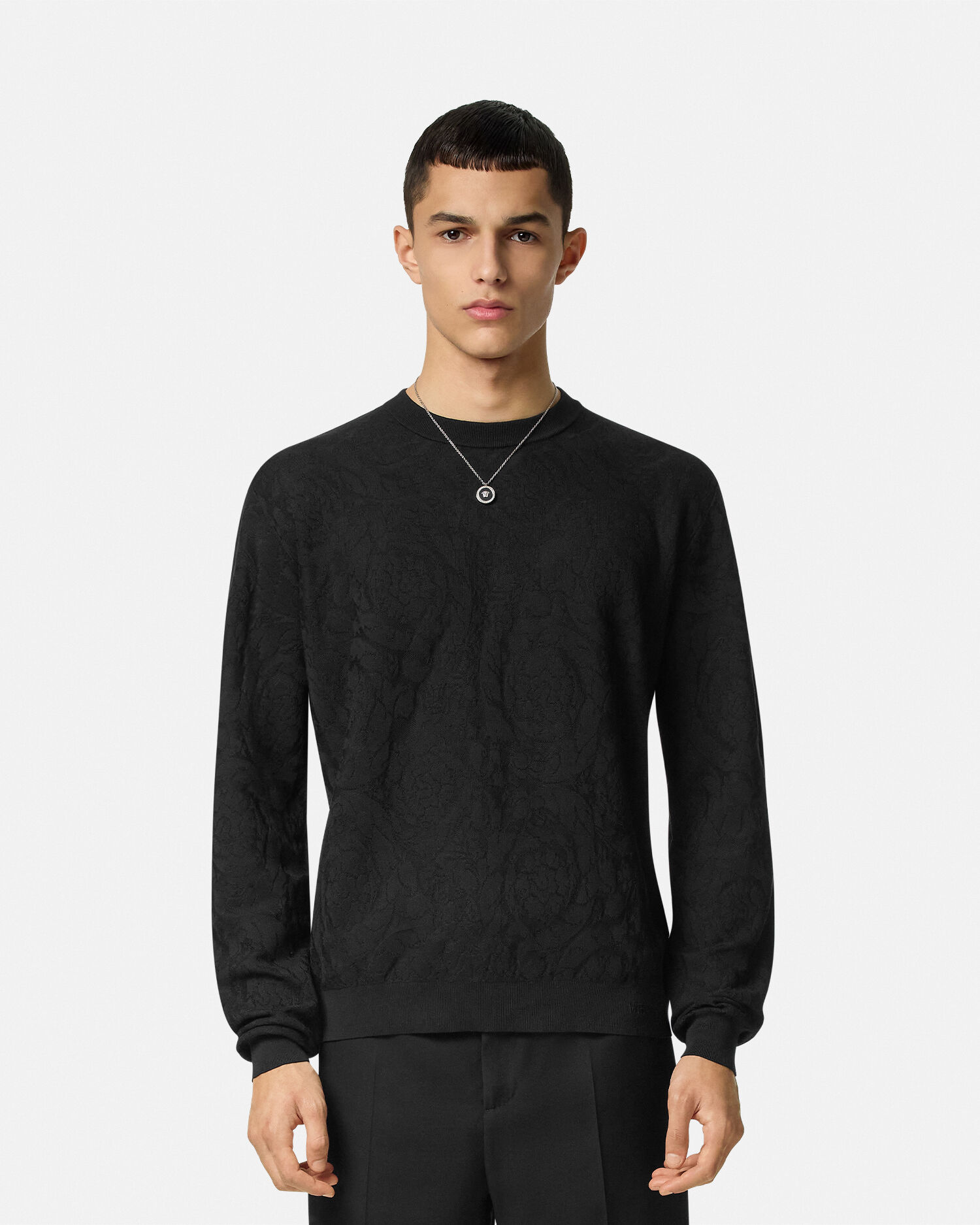 Jacquard Silk-Cotton Knit Sweater Black | VERSACE US