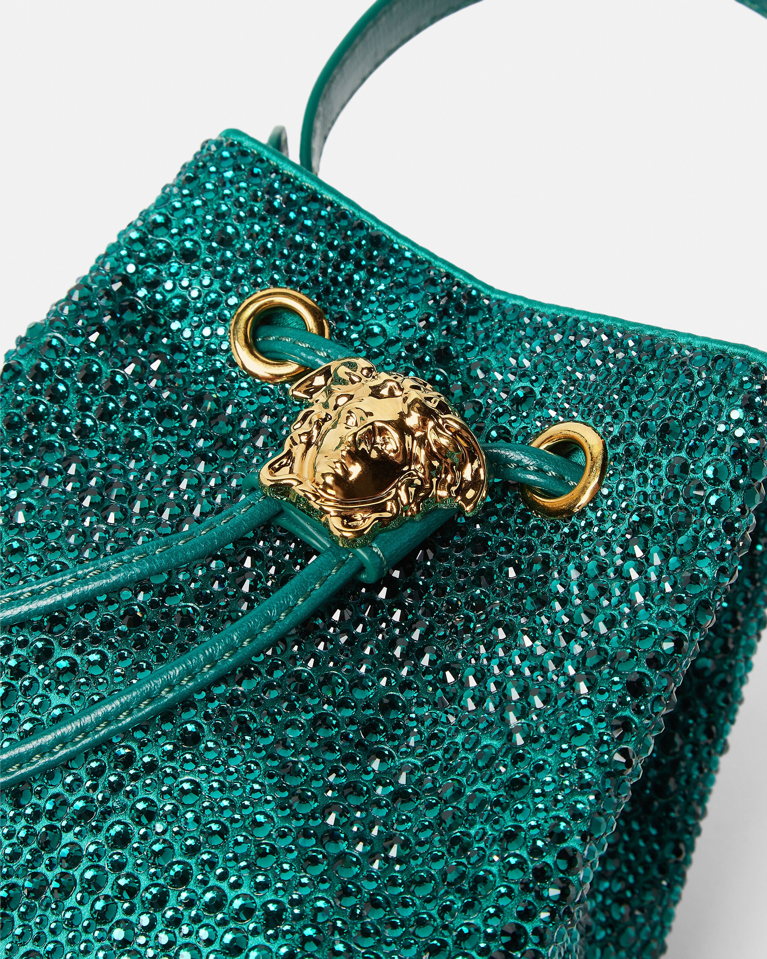 La Medusa Embellished Satin Mini Bucket Bag Green | VERSACE US