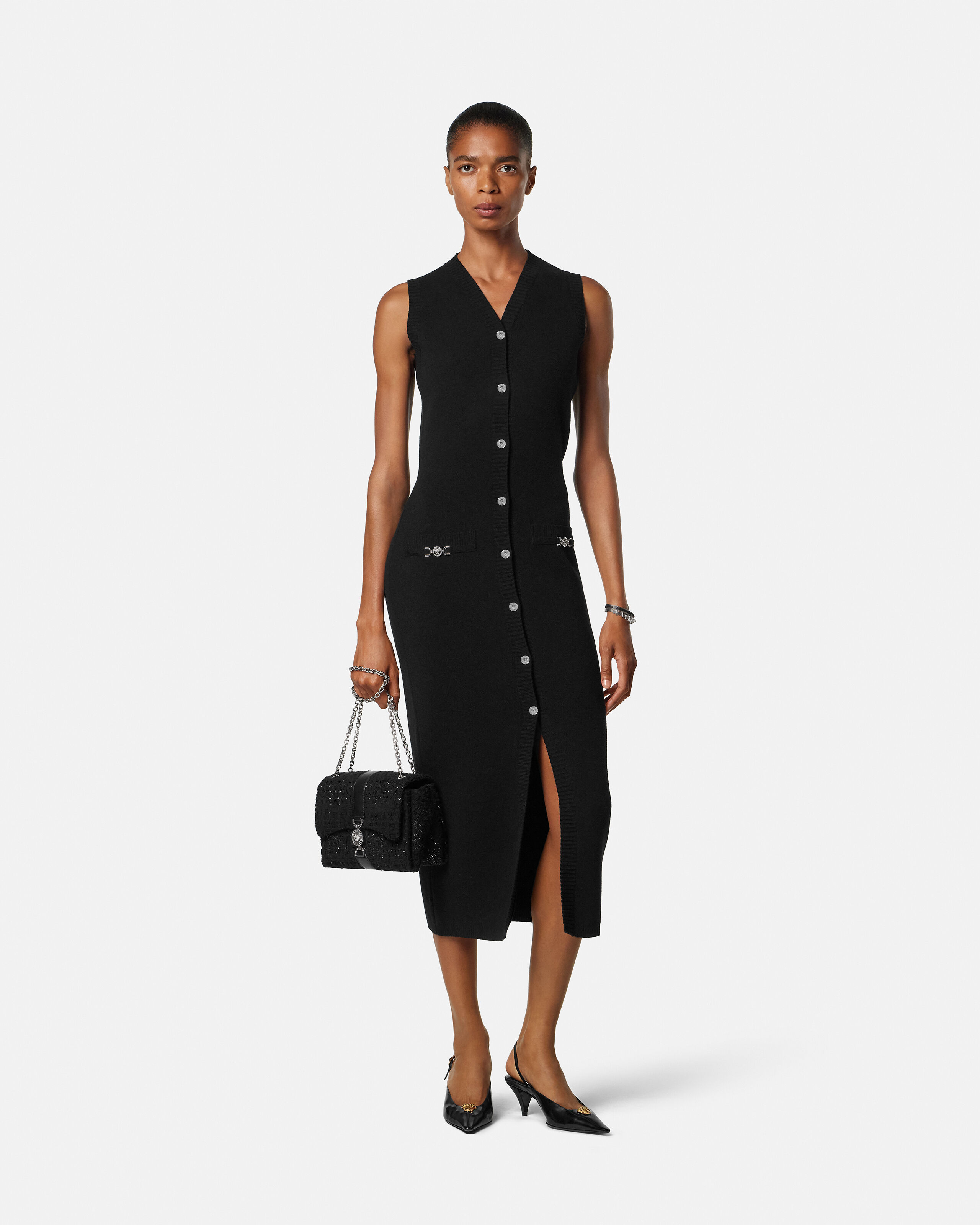 Wool-Cashmere Knit Maxi Dress Black | VERSACE