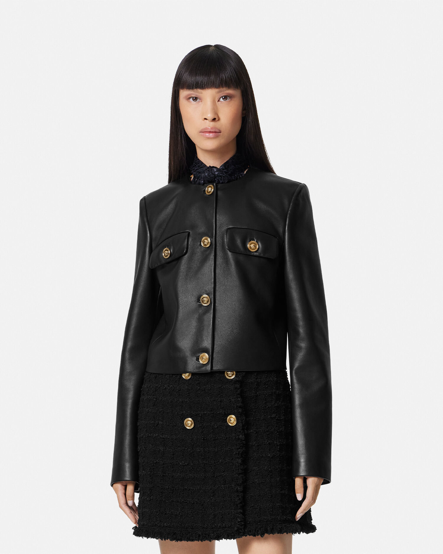Plonge Leather Cardigan Jacket Black VERSACE US
