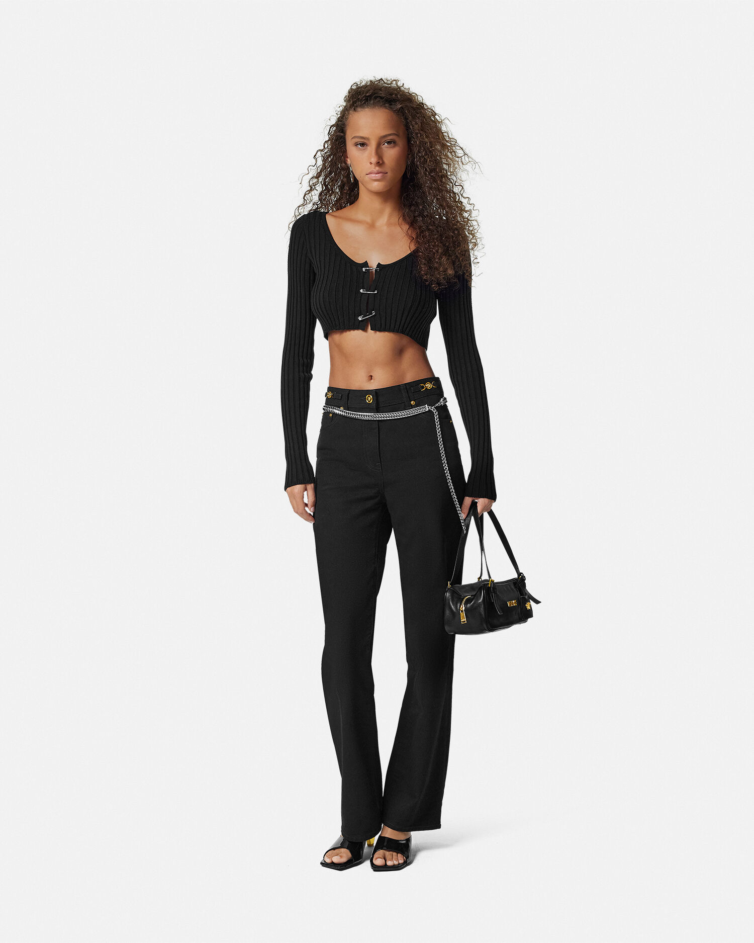 Safety Pin Scoop Crop Ribbed-Knit Cardigan | VERSACE US
