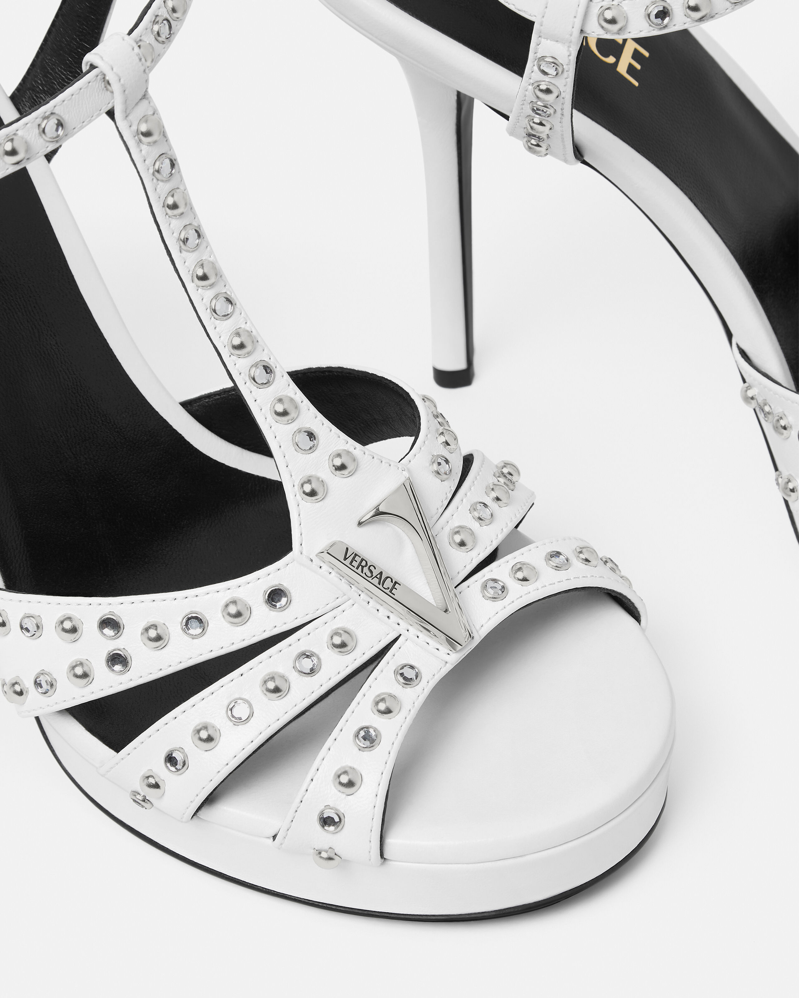 V Embellished Leather Sandals 115 mm White | VERSACE US