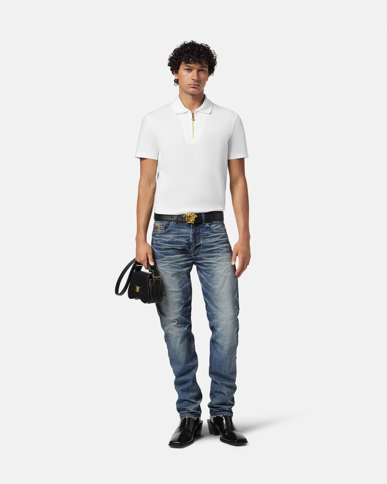 zechito ゼチト パワーショルダー polo ラルフローレン Embroidered Cotton-Piqué Half-Zip Polo Blue | VERSACE US