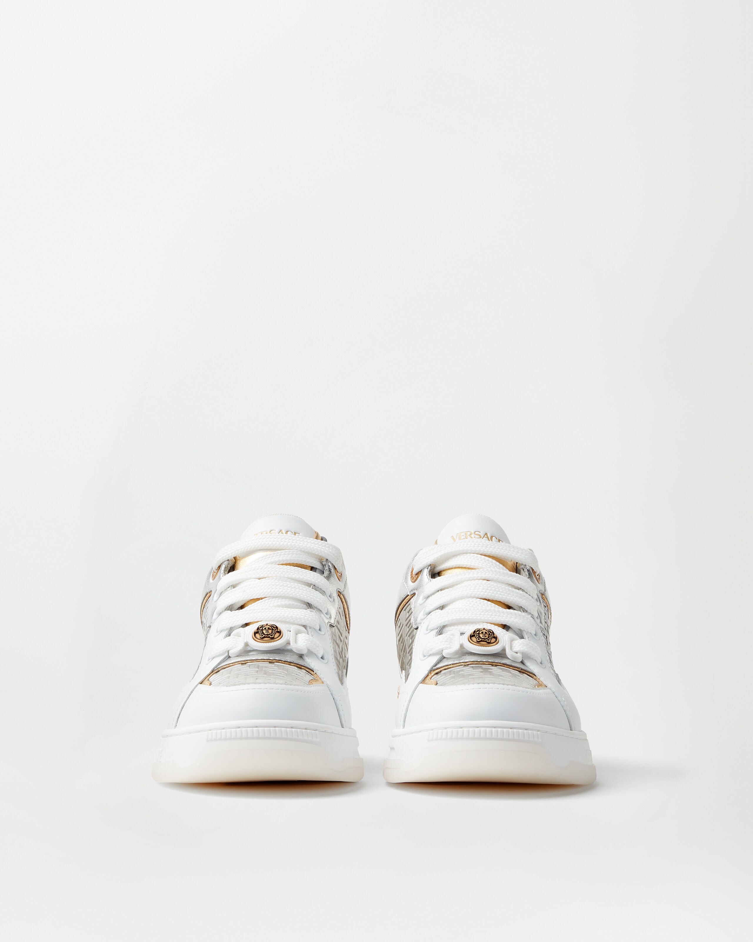 Biggie Basket Metallic Leather Sneakers Silver,Gold | VERSACE US