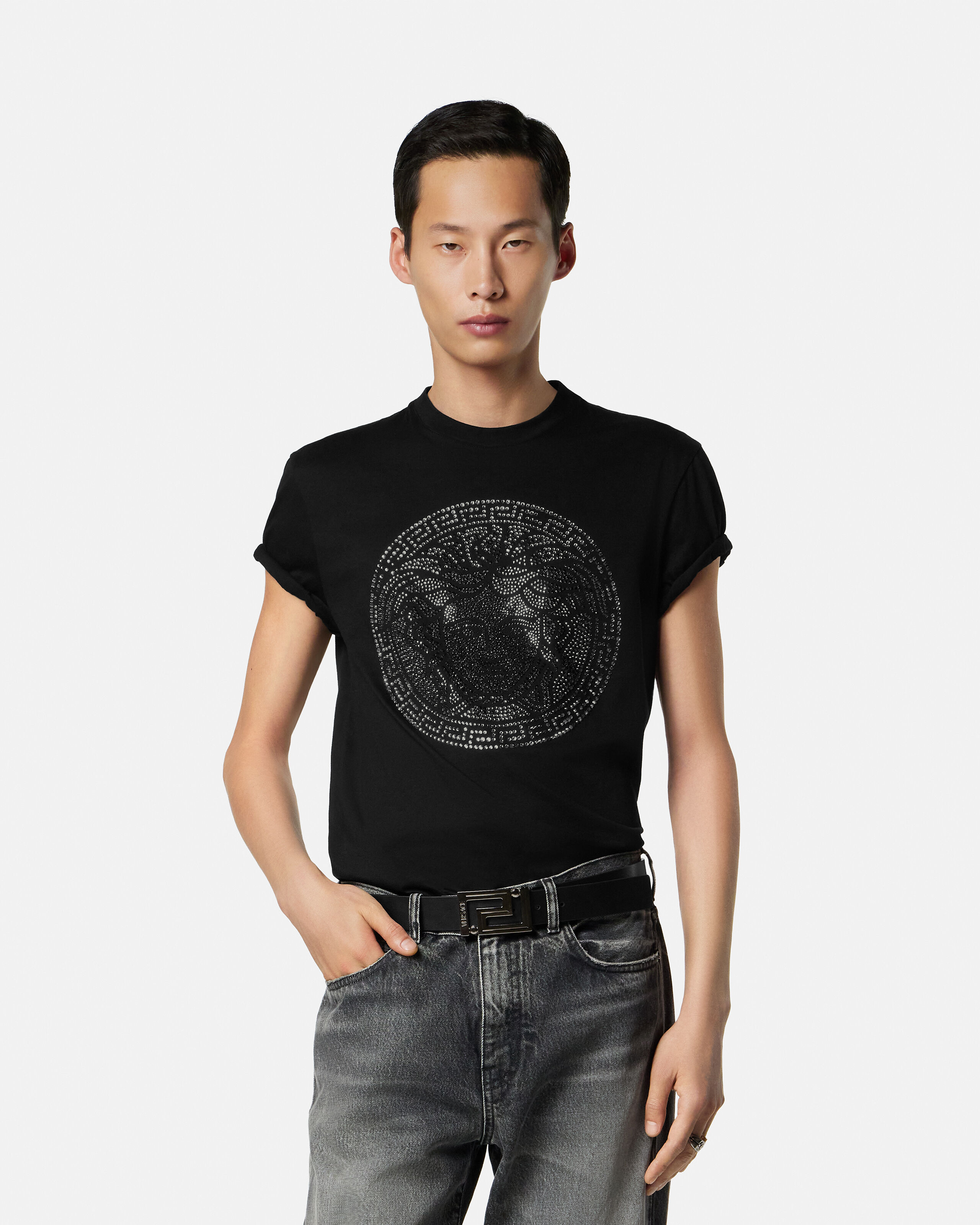 トップス gianni versace Y Printed Cotton-Jersey T-Shirt Black,Print | VERSACE ZA