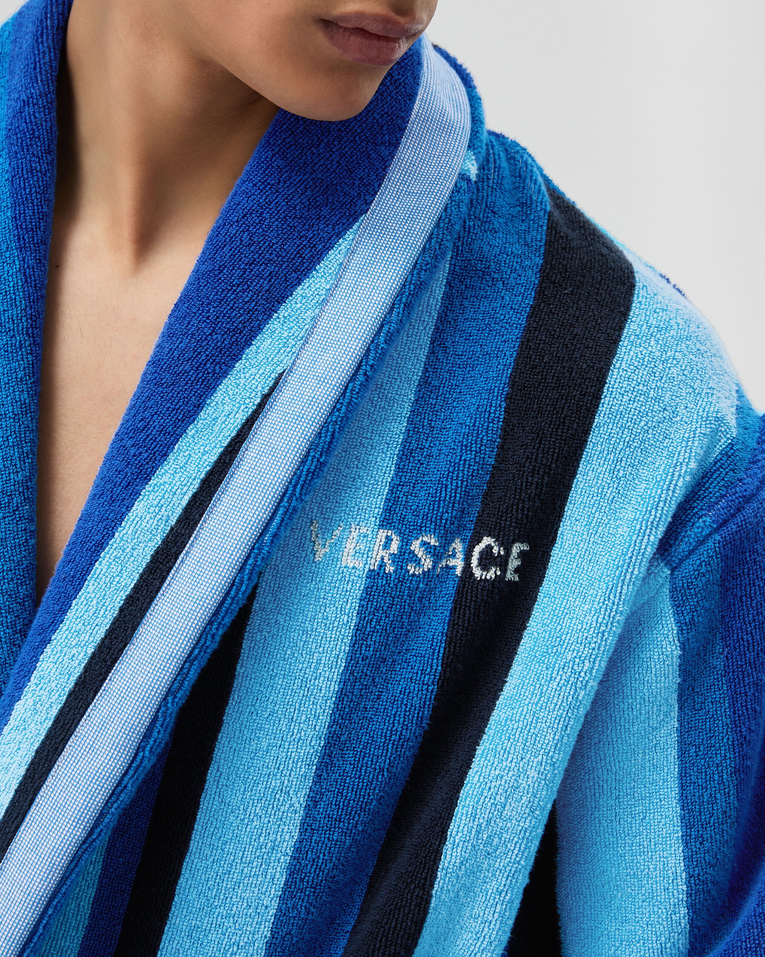 Striped Cotton-Terry Jacquard Bathrobe Blue | VERSACE US