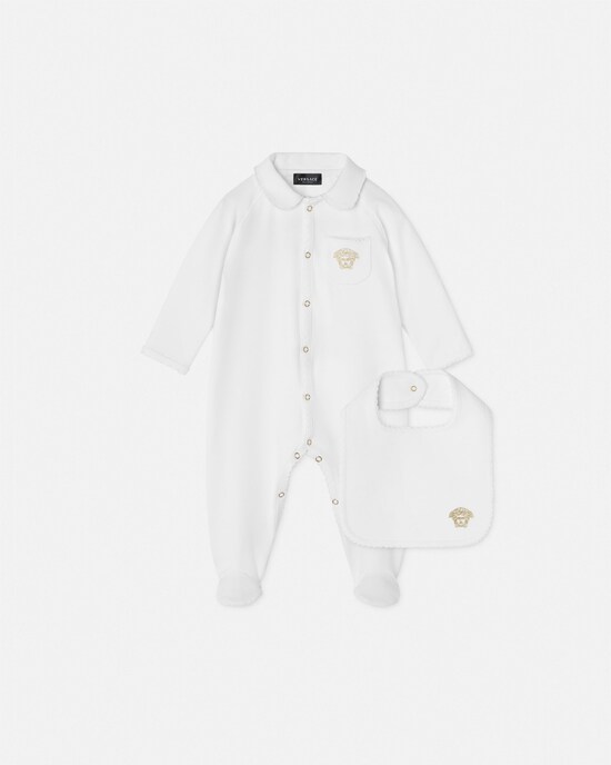 Versace Baby Embroidered Cotton-Jersey Sleepsuit Set White+Print 1