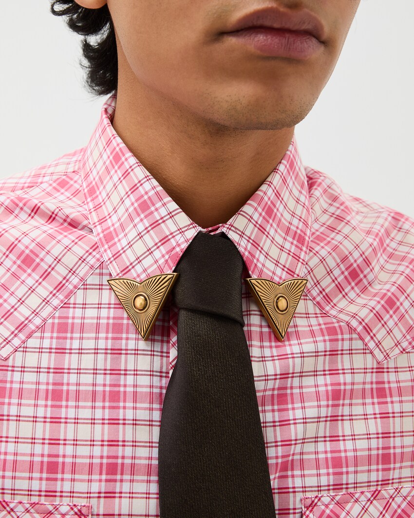 Checked Cotton-Poplin Slim Shirt Red+White 5