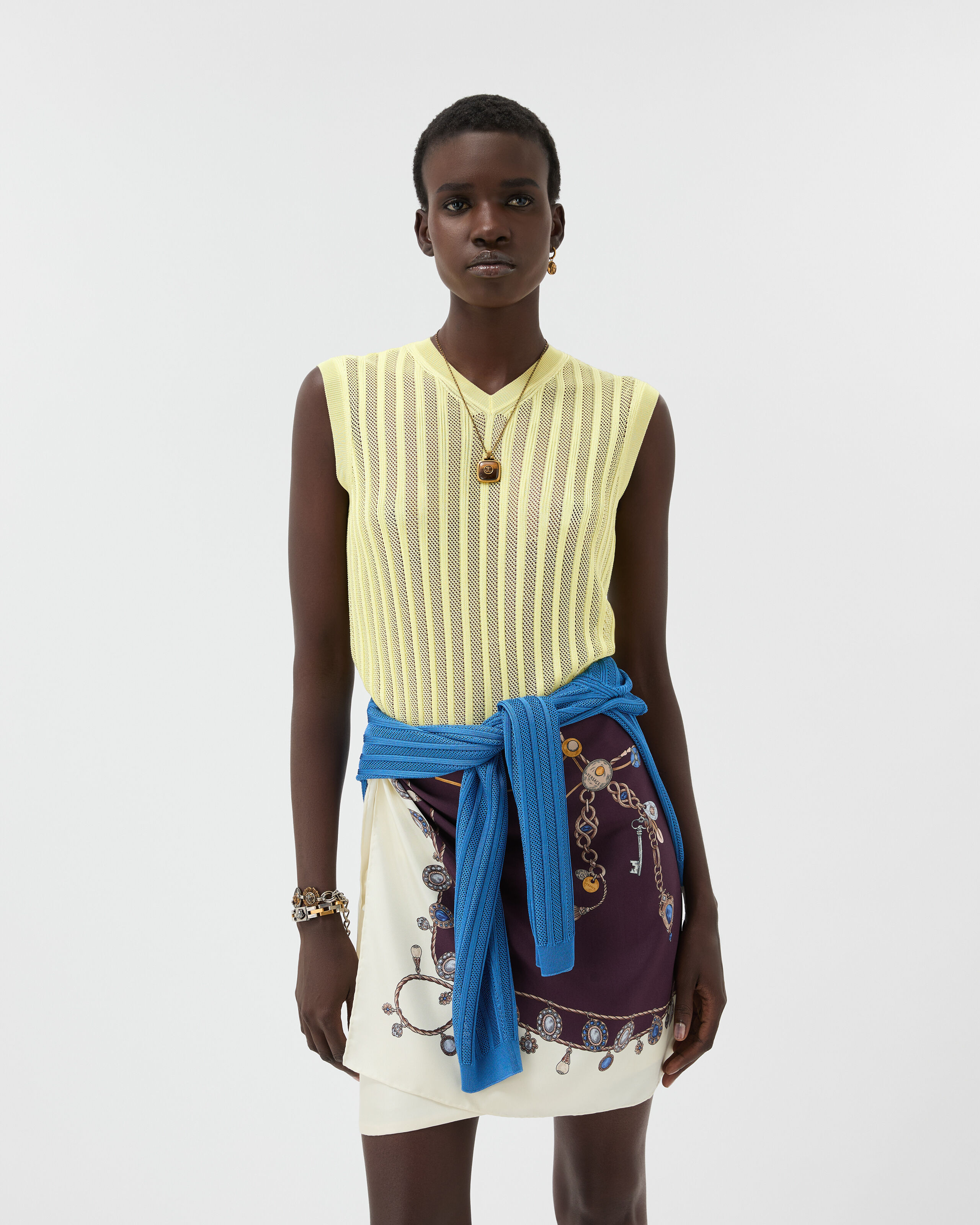 Viscose Mesh Rib Knit Top Yellow | VERSACE US