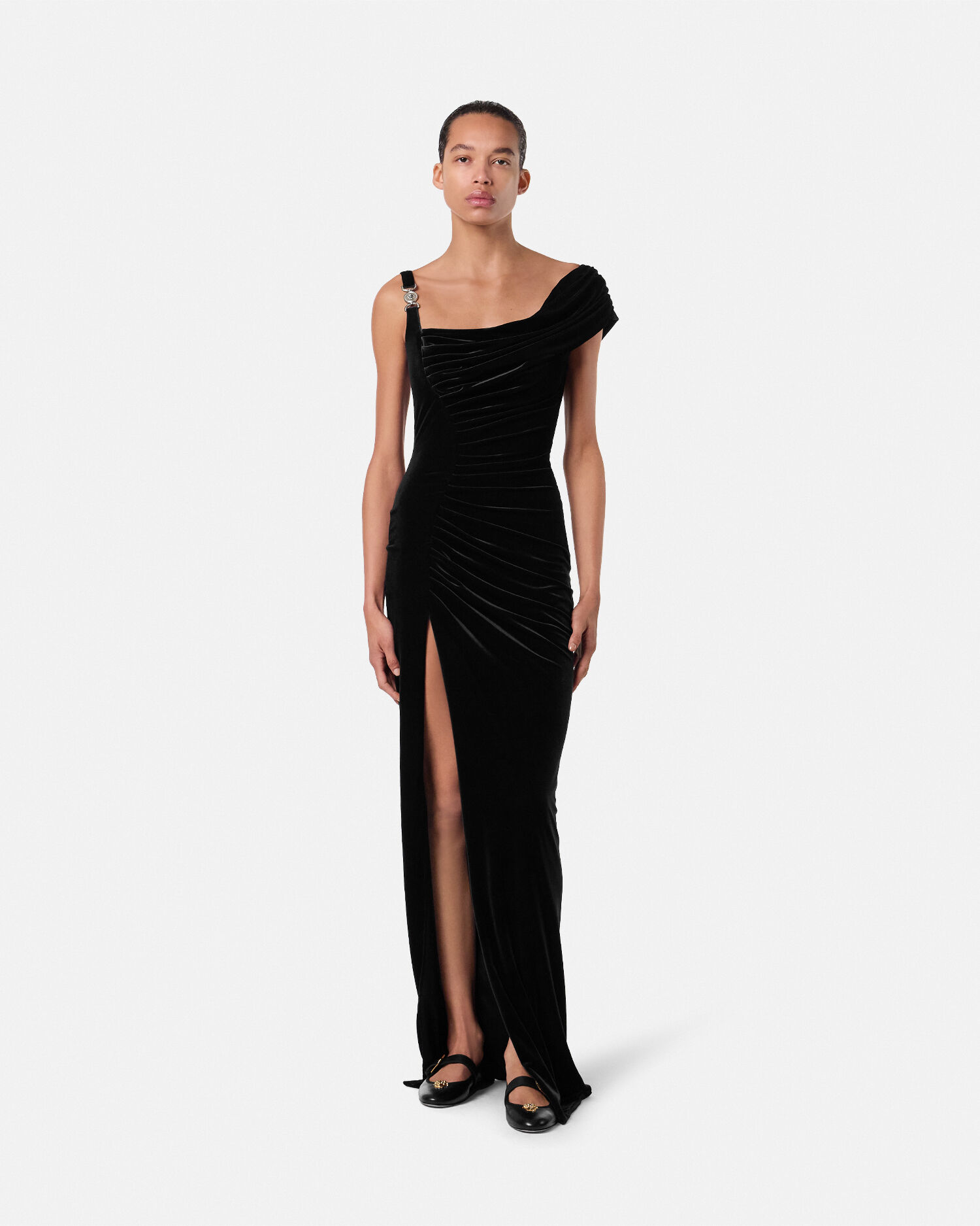 Velvet Draped Gown Black | VERSACE US