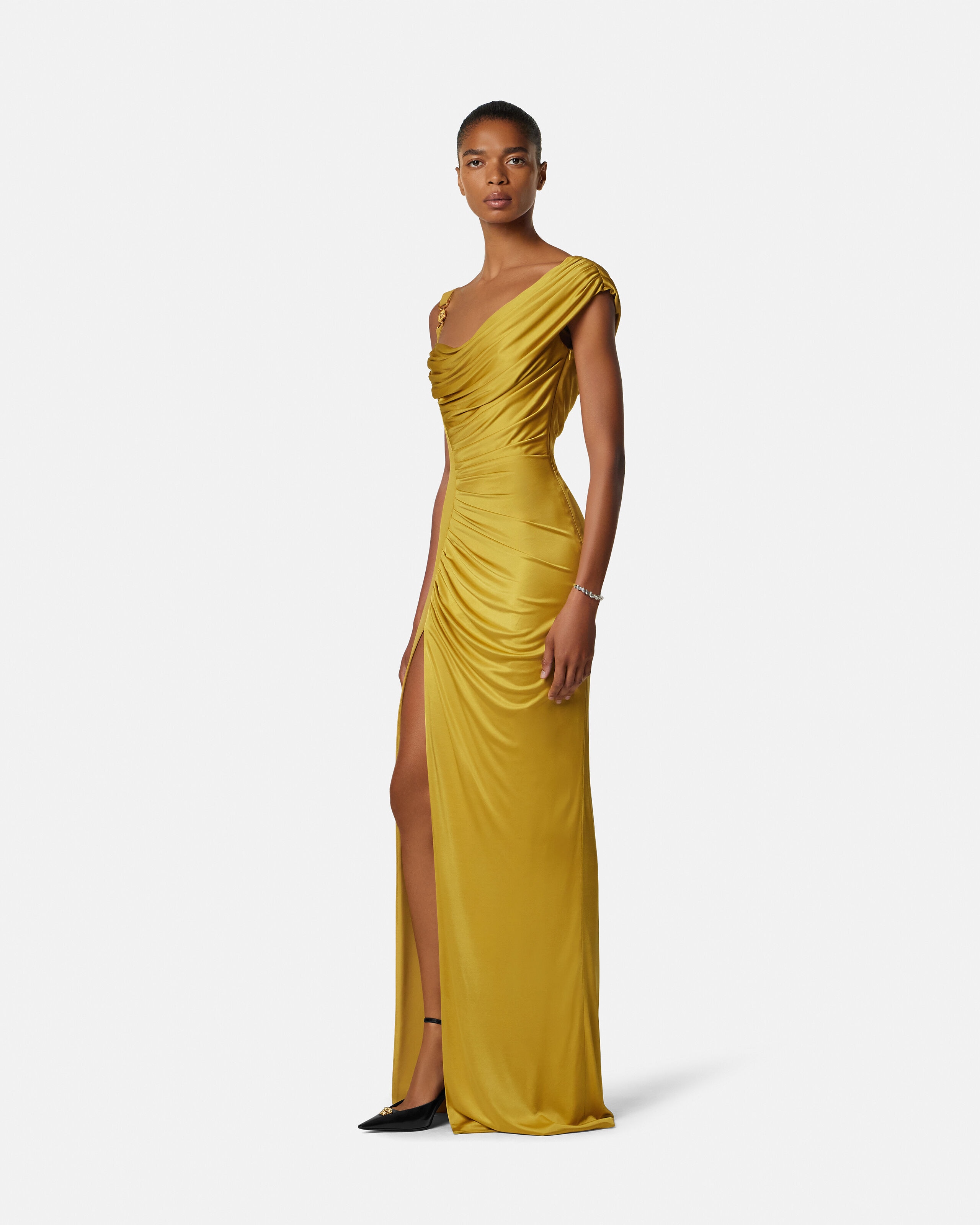 Viscose Liquid Jersey Draped Gown Yellow | VERSACE