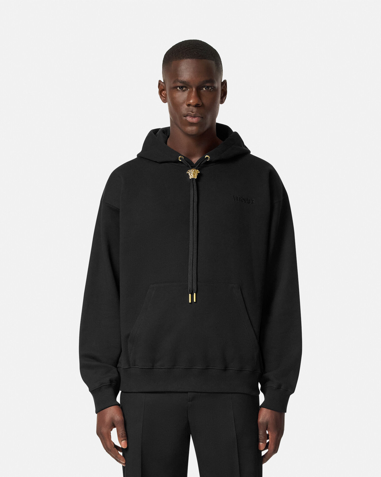 Embroidered Cotton-Jersey Hoodie Black | VERSACE US