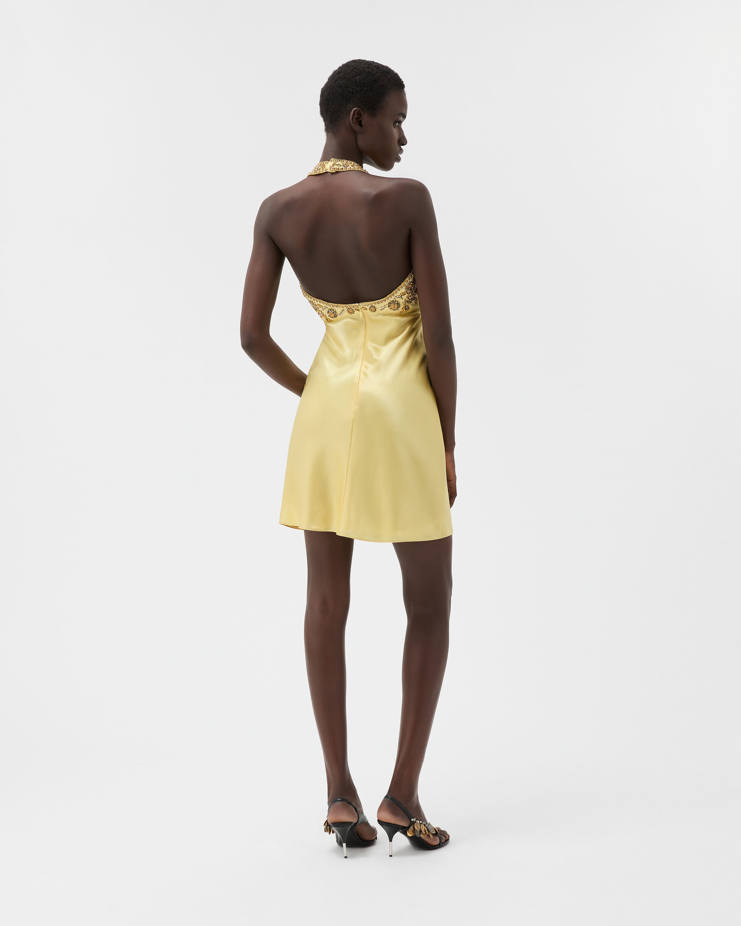 Embroidered Silk Cady Satin Mini Dress Yellow | VERSACE US