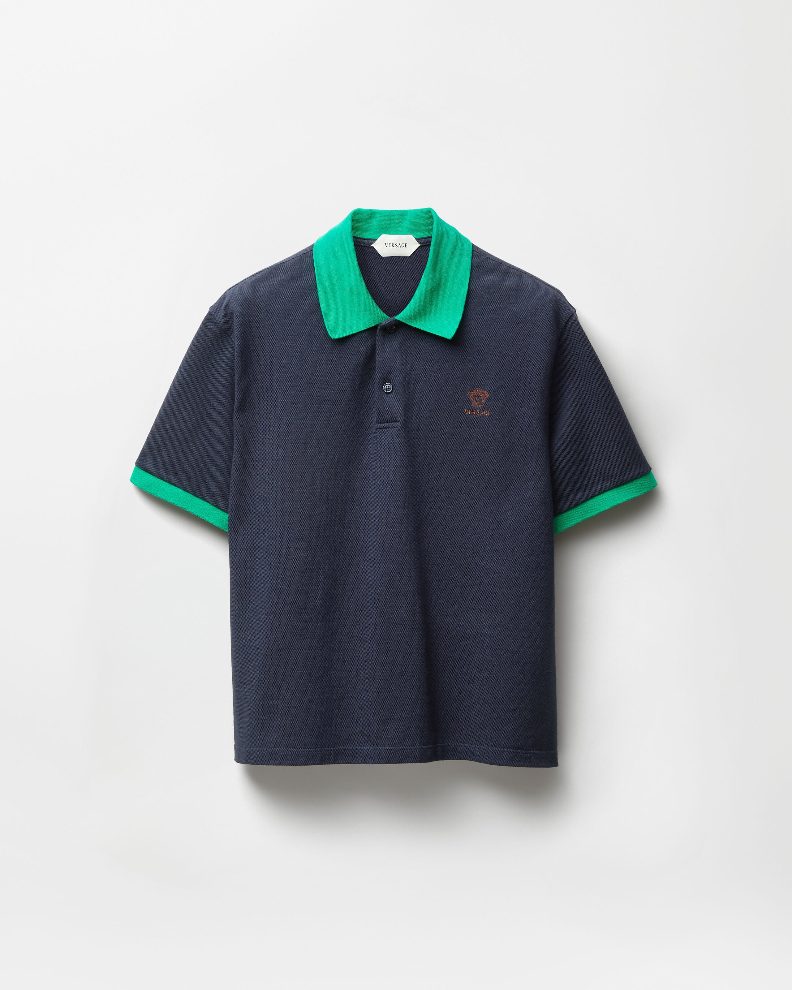 Embroidered Cotton Piqué Polo Blue,Green | VERSACE US