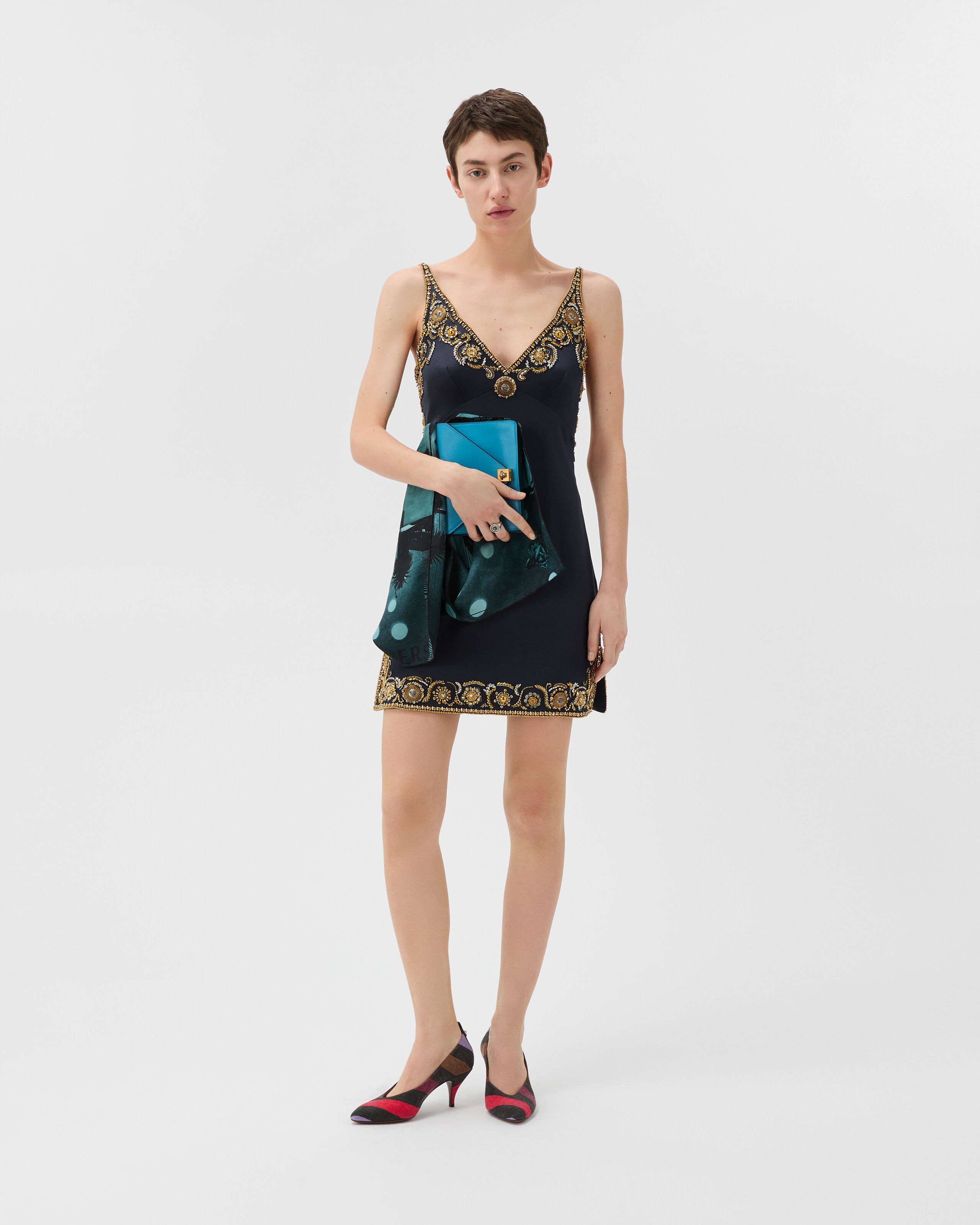 Embroidered Silk Cady Satin Mini Dress Blue | VERSACE US