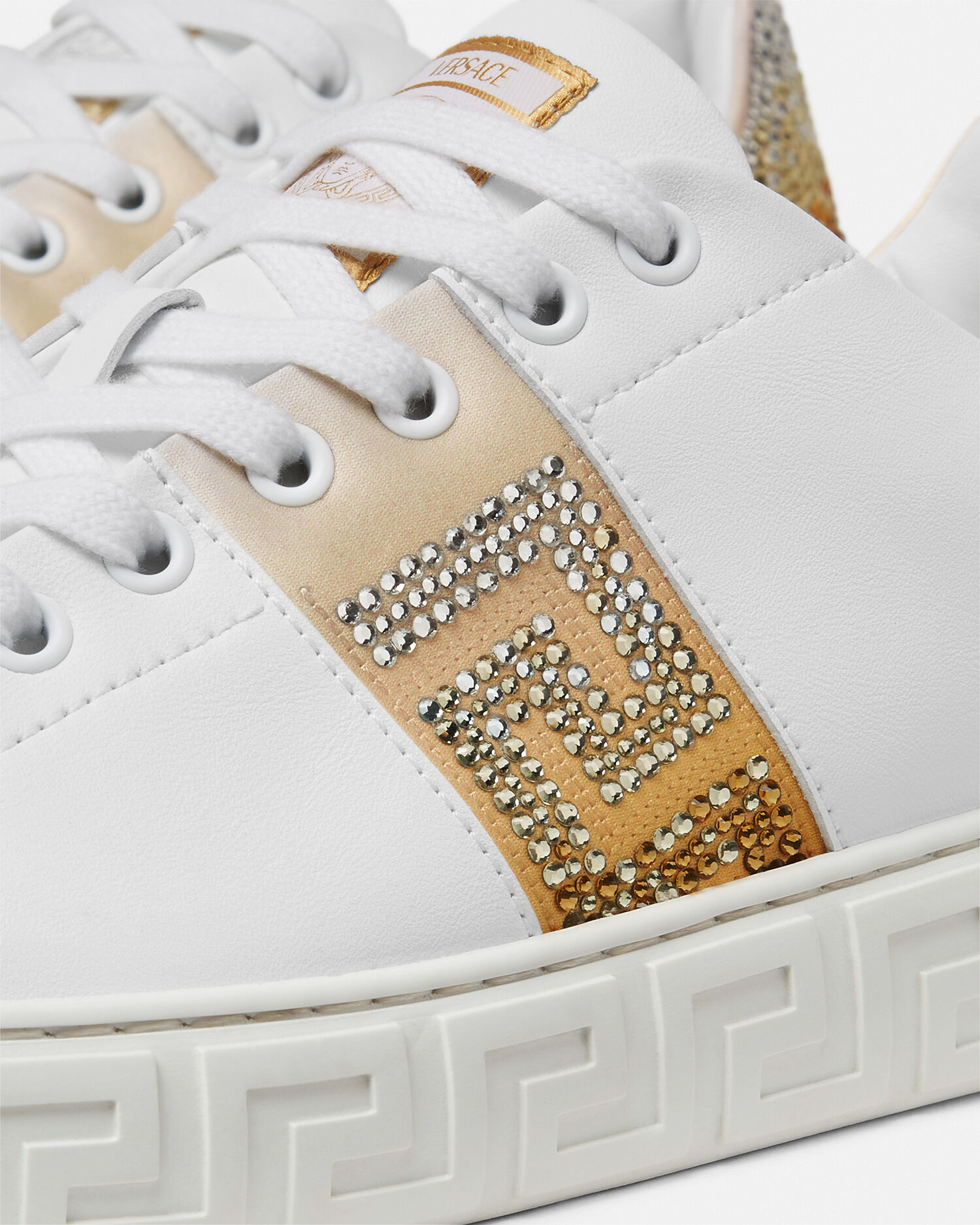 Greca Embellished Nylon Sneakers White,Gold | VERSACE US