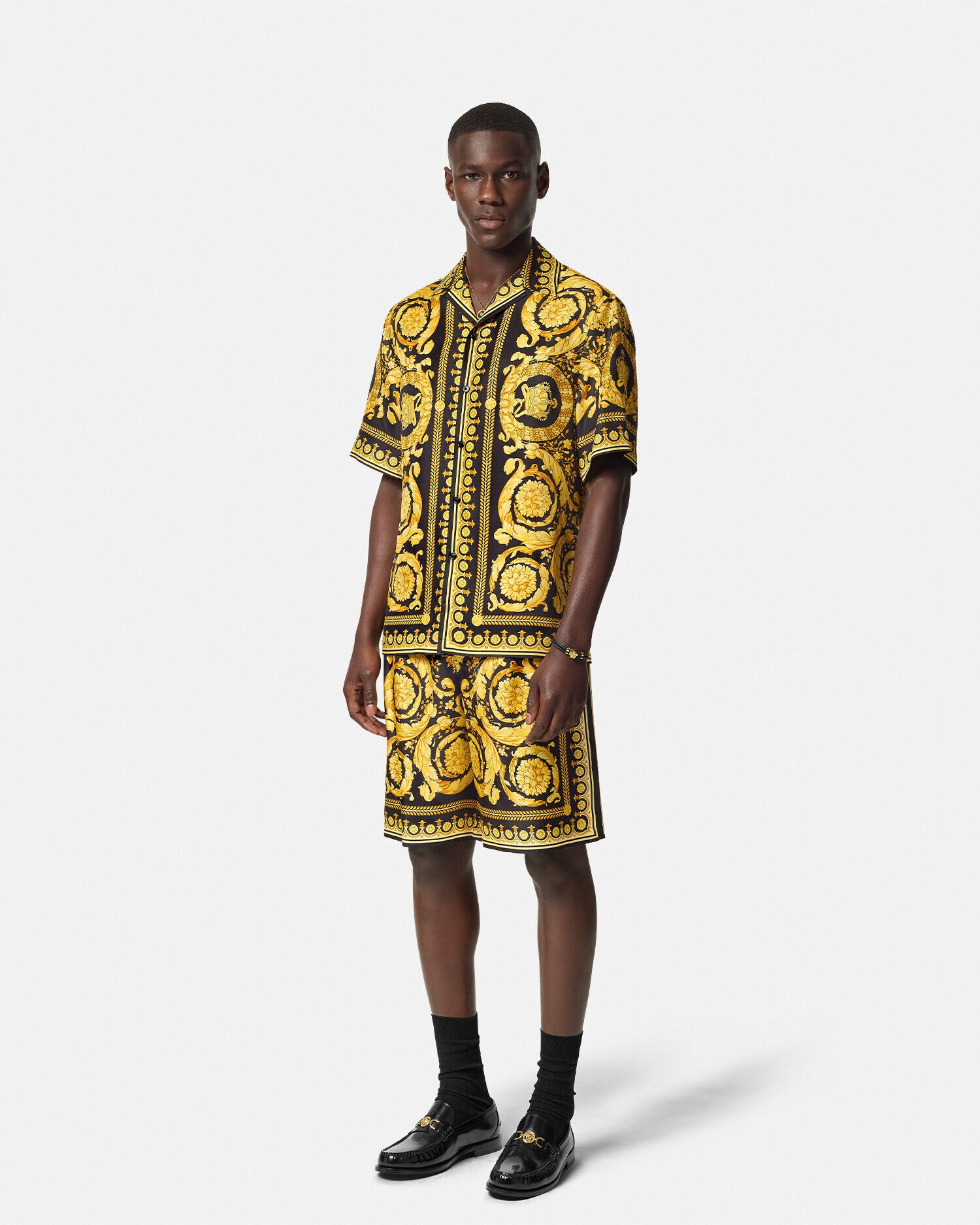 Printed Silk Twill Shorts Black,Print | VERSACE IN