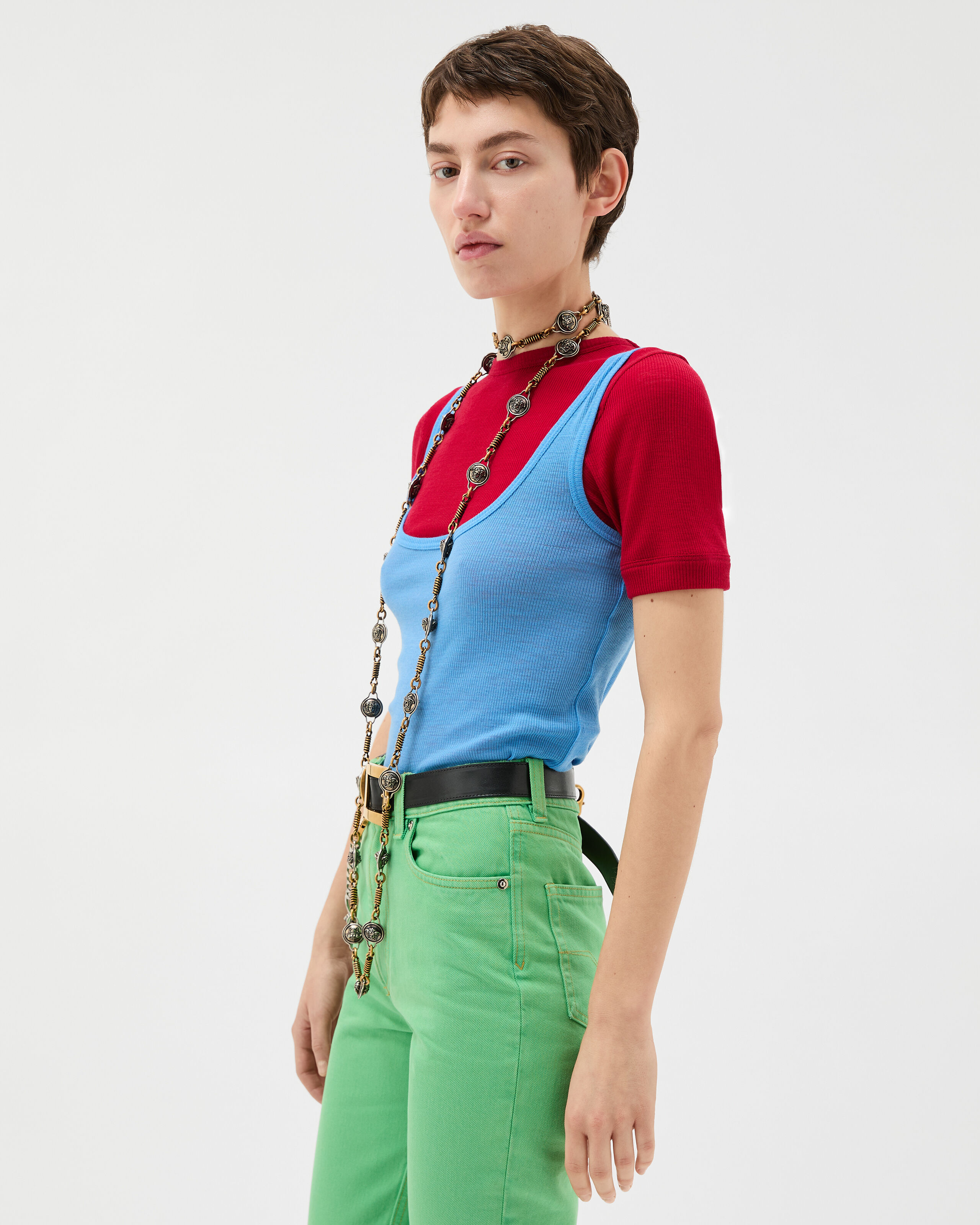 Embroidered Ribbed Wool Tank Top Blue | VERSACE US