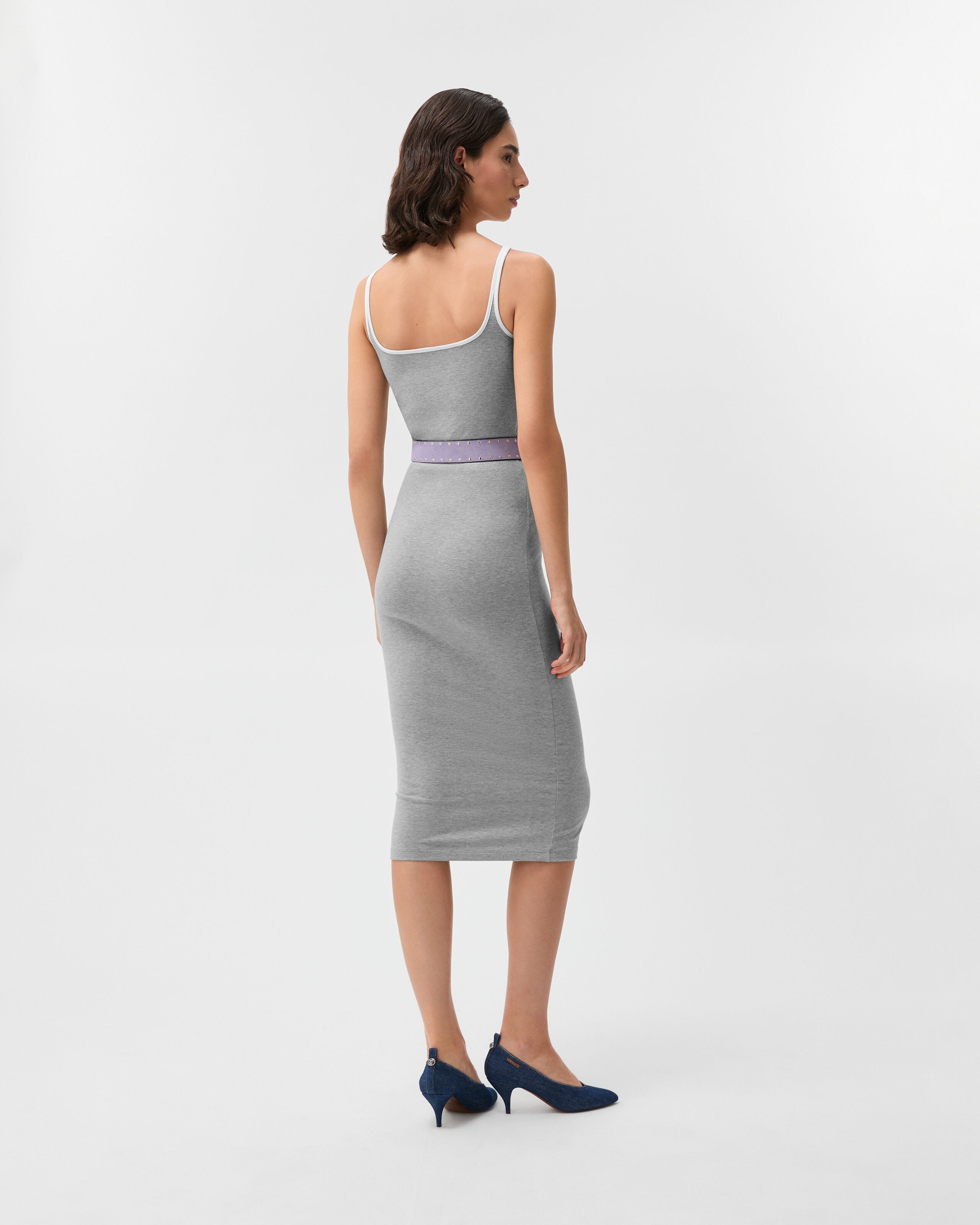 Embroidered Logo Stretch-Cotton Jersey Midi Dress Gray | VERSACE US