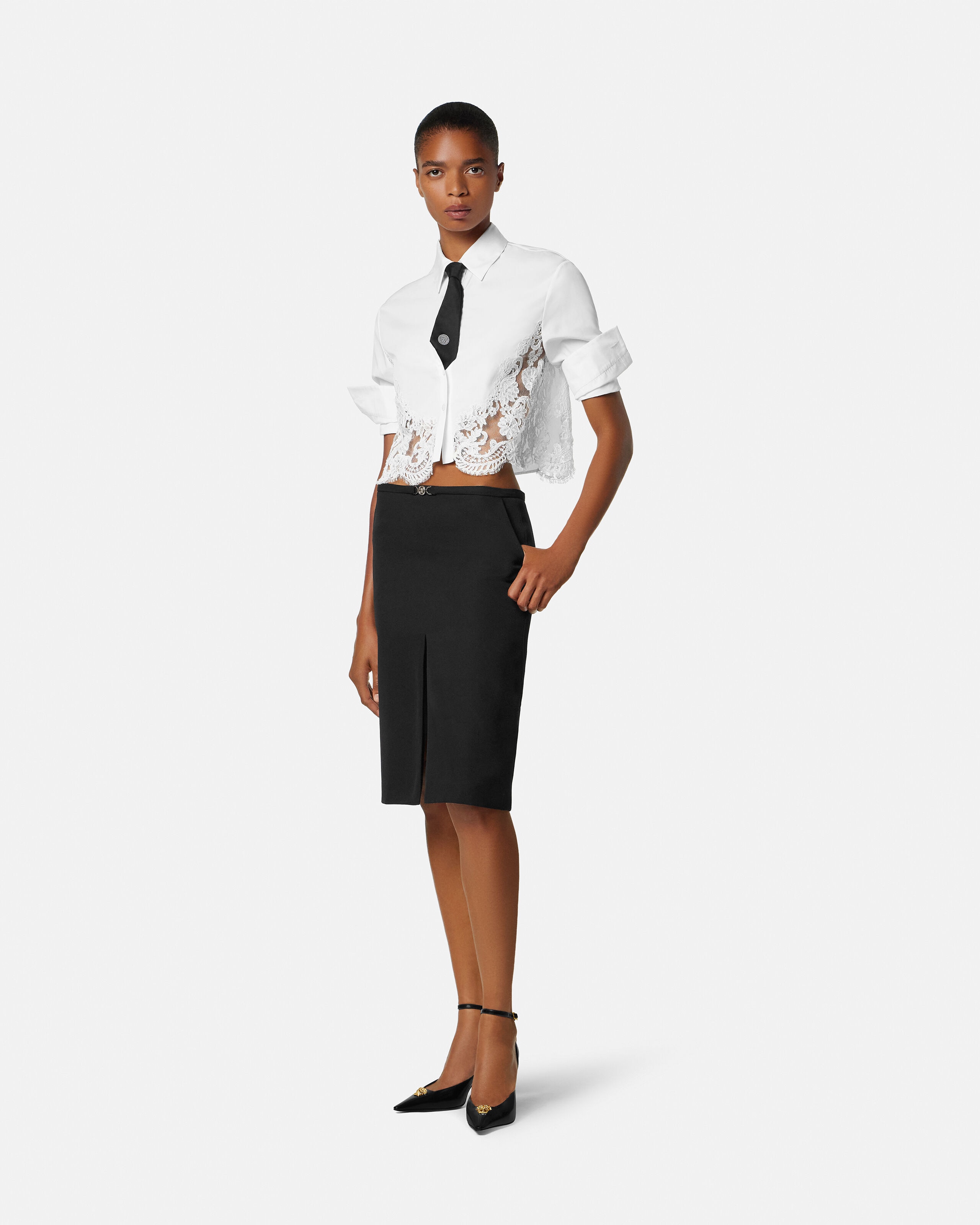 Lace-Trim Cotton-Poplin Shirt White | VERSACE US