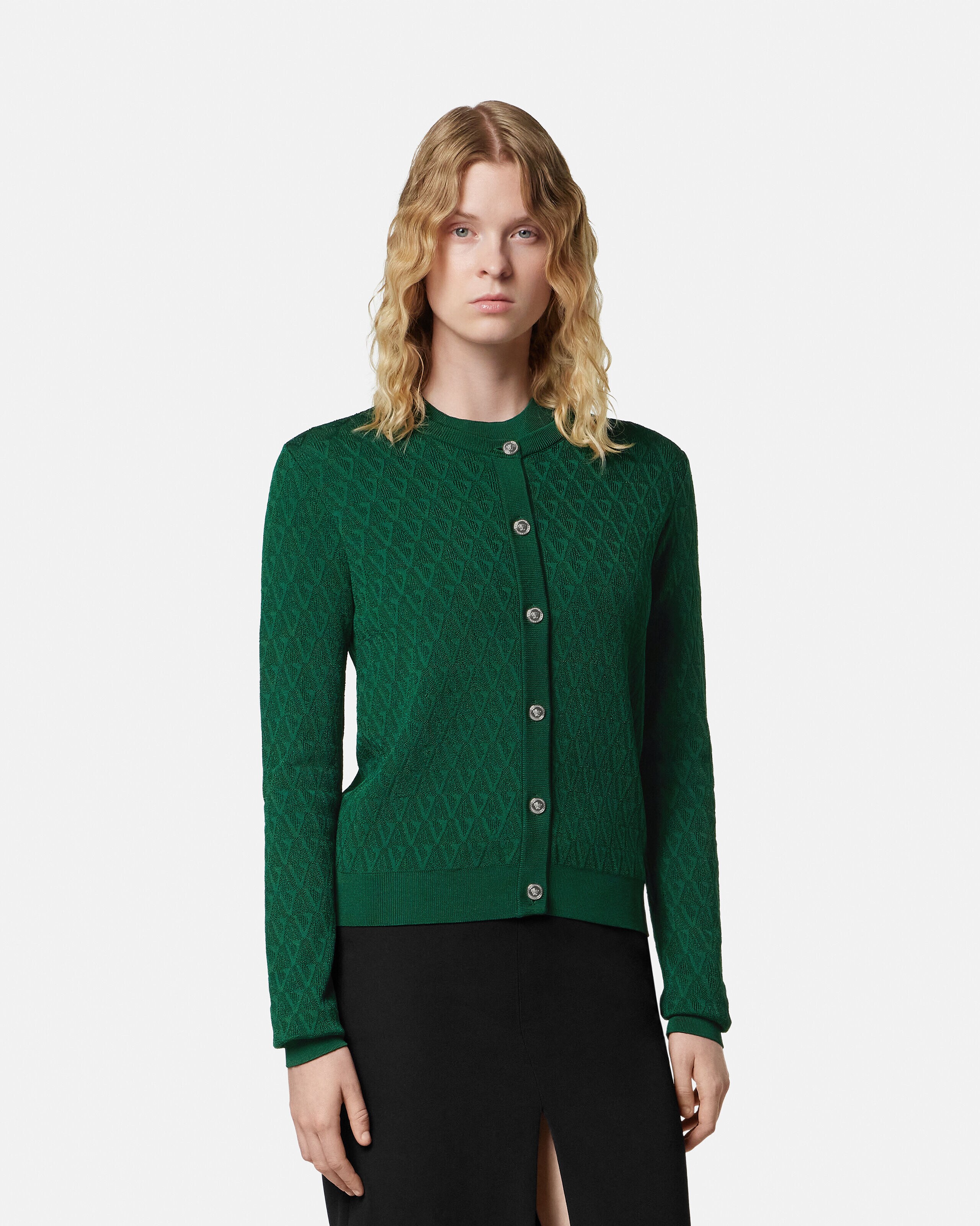 Jacquard Viscose Knit Fitted Cardigan Green | VERSACE US