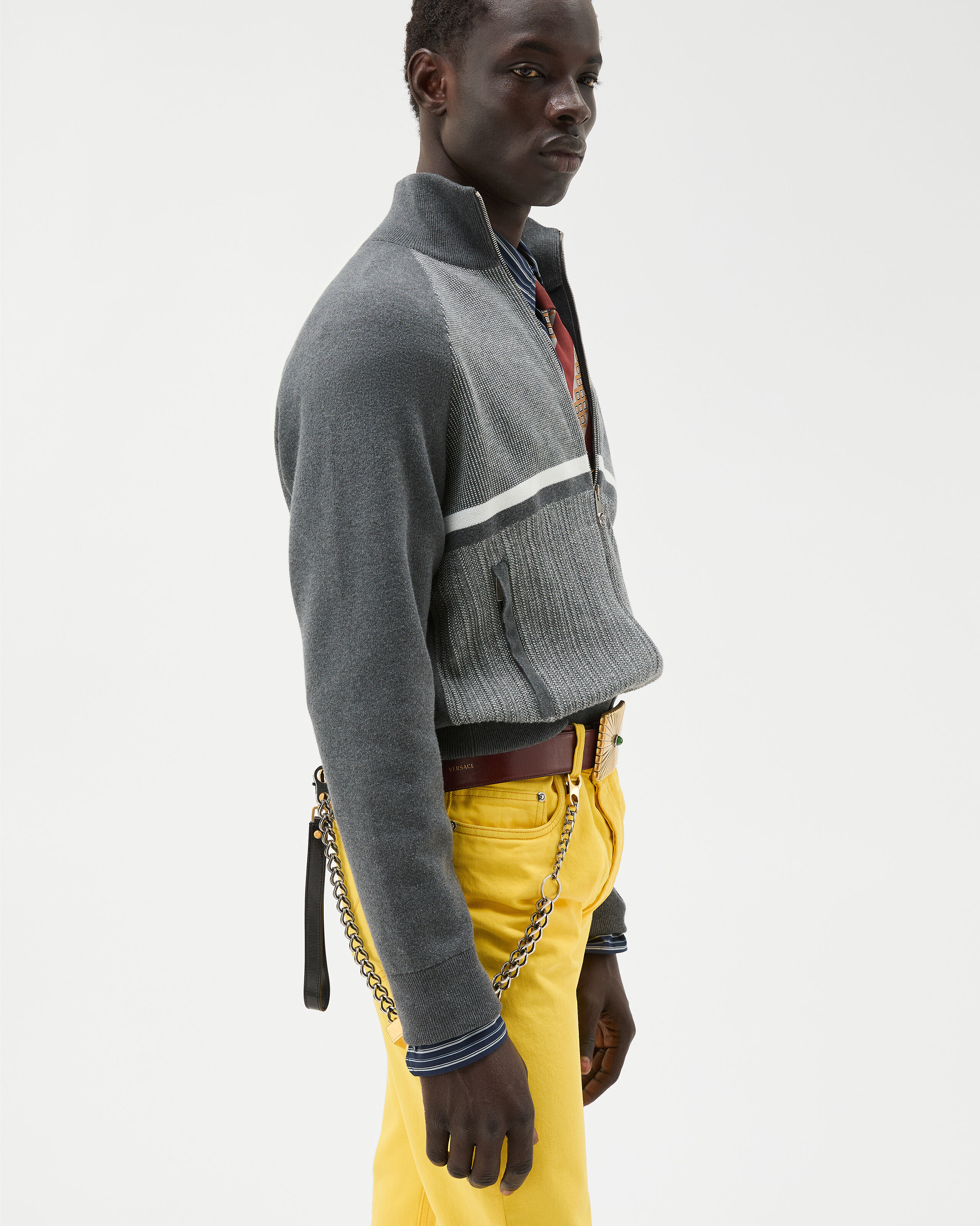 Embroidered Jacquard Cotton Knit Zip Sweater Gray | VERSACE US