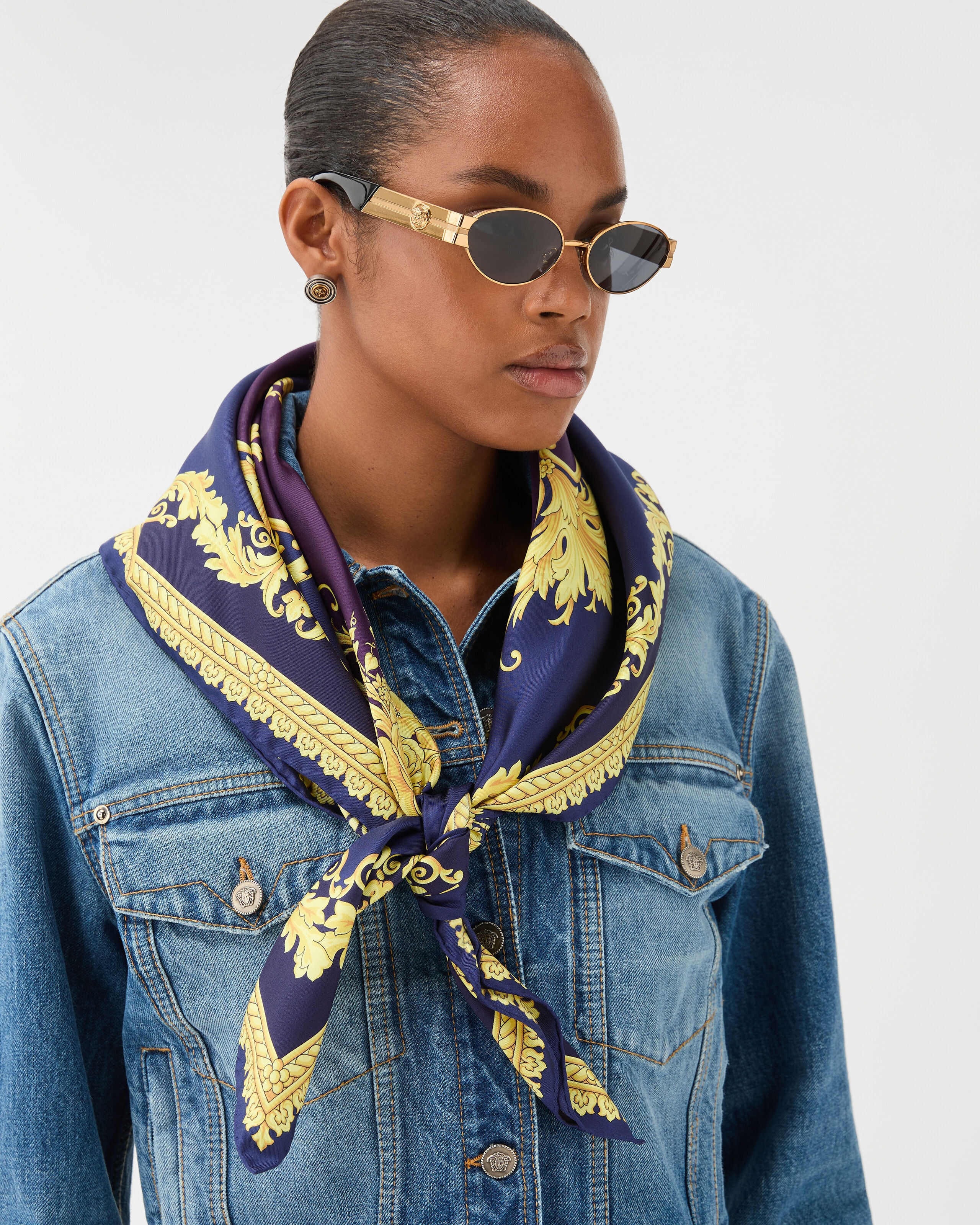Printed Silk Twill Scarf 90 cm Purple,Gold | VERSACE US
