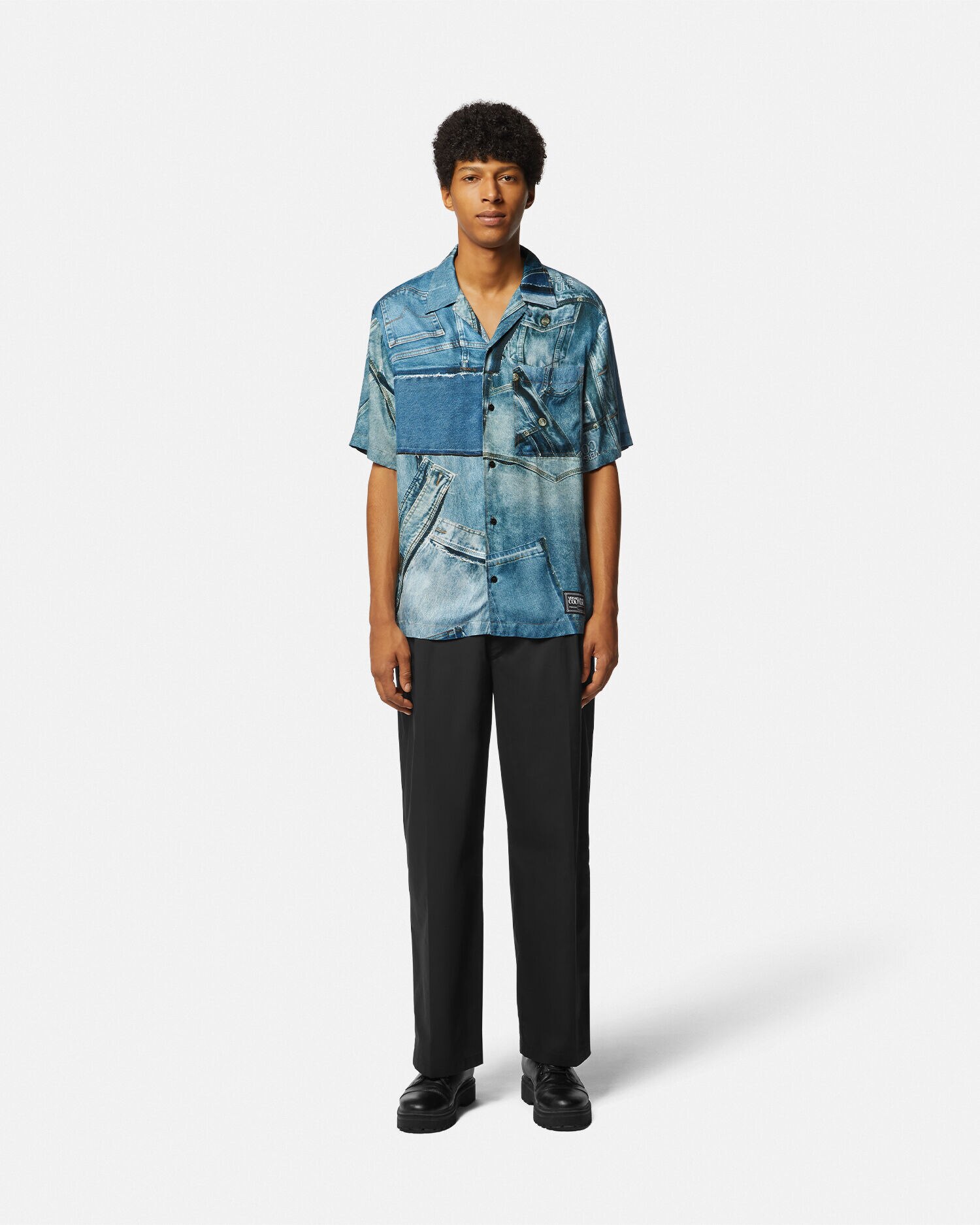 Patchwork Denim Shirt Blue Print VERSACE